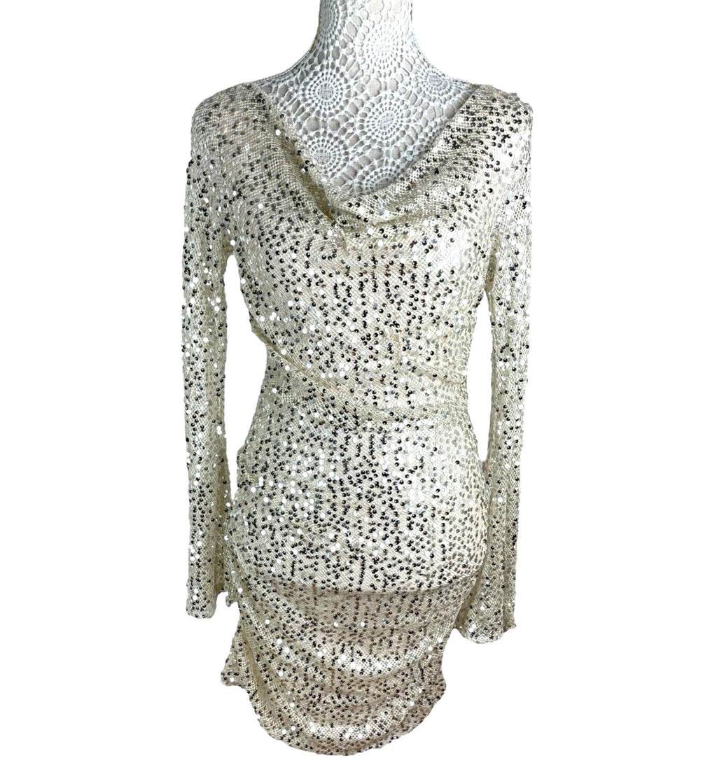 Silver Sequin Mini Dress Women’s UK Size 8 Long Sleeve Cowl Neckline Occasion