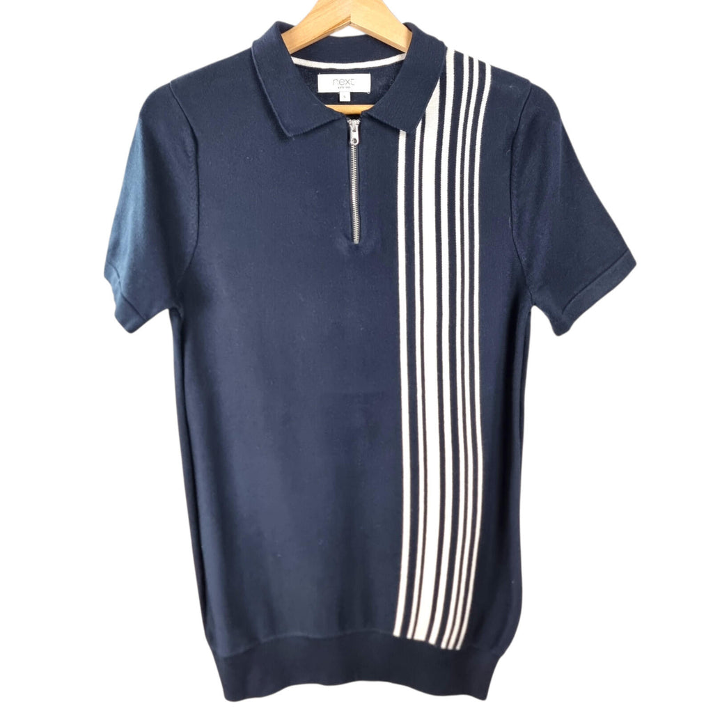 Next Knit Polo Shirt Men's UK Size S Navy Blue Stripe Short Sleeve 1/4 Zip