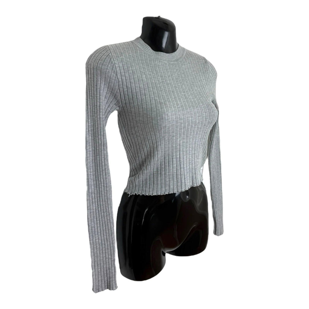 Divided Cropped Jumper Women's UK Size XS Grey Ribbed Long Sleeve Crew Neck Top