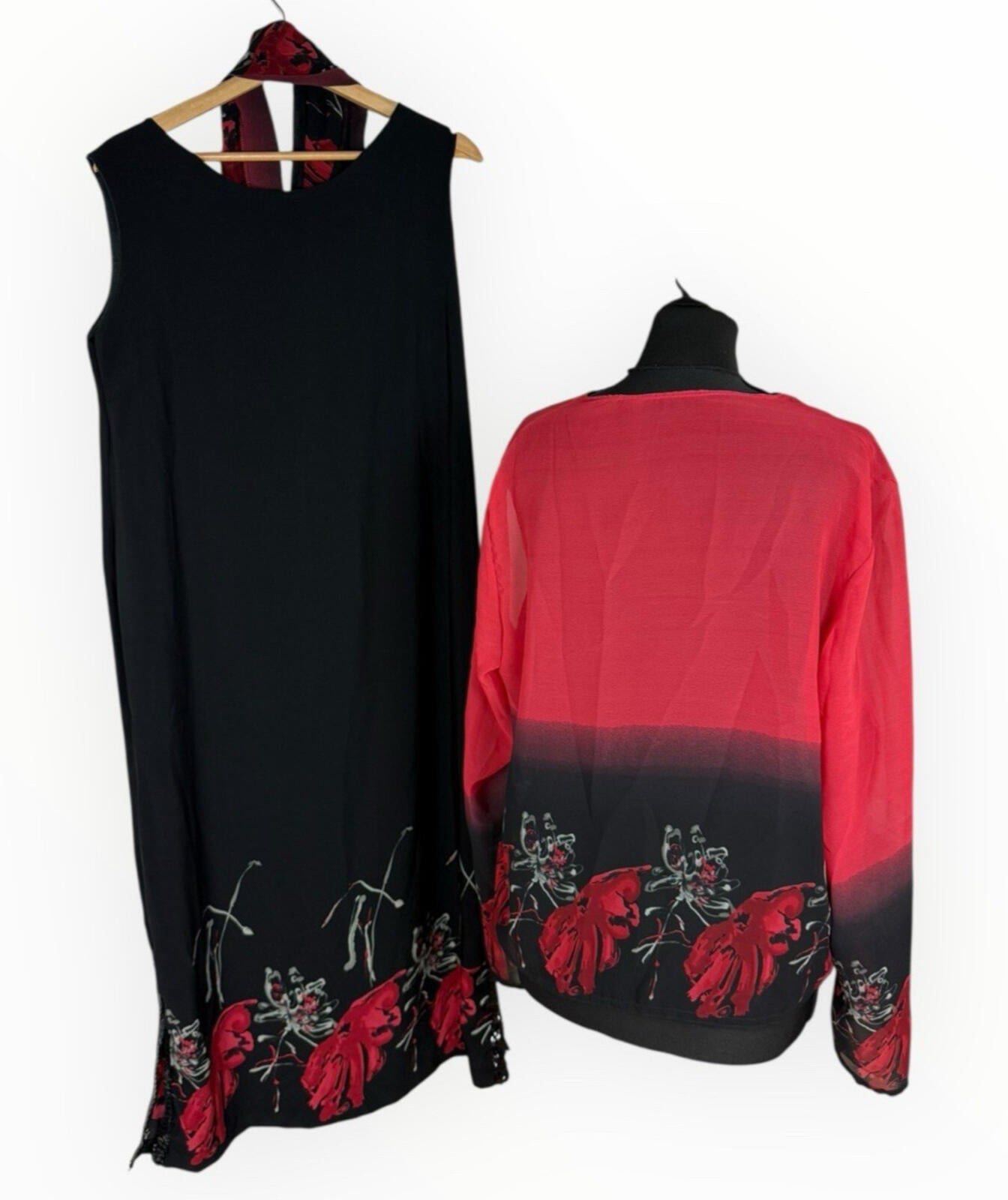 Floral Dress Set Women’s UK Size XL (16) Chiffon Midi Cardigan & Scarf Black Red