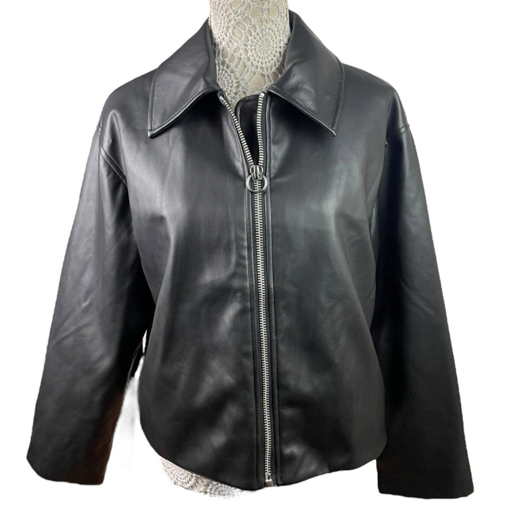 ASOS Faux Leather Jacket Women's UK Size 6 Black Zip Front Oversized Big Collar