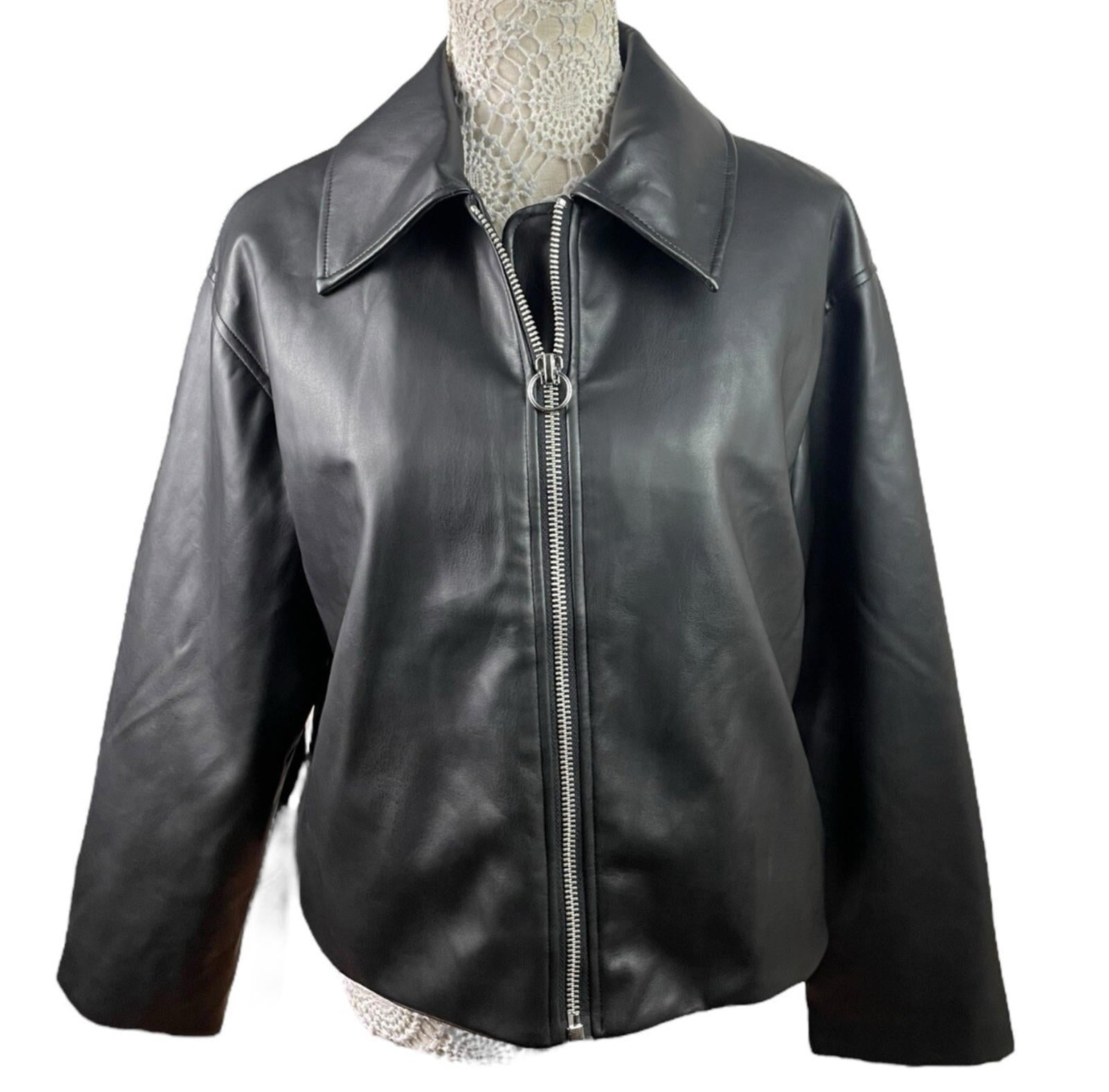 ASOS Faux Leather Jacket Women's UK Size 6 Black Zip Front Oversized Big Collar
