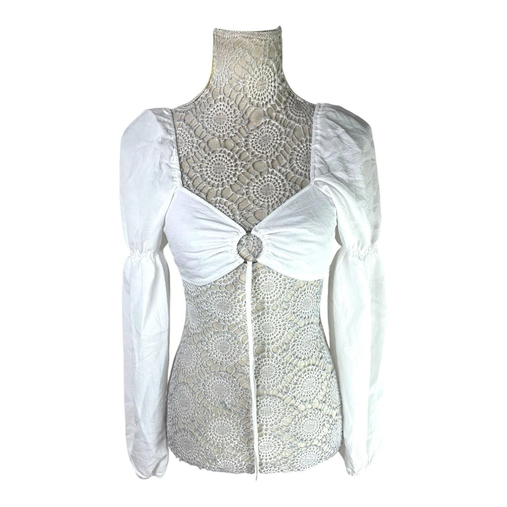 Divided White Puff Sleeve Crop Top Silver Ring Eyelet Women’s UK Size S