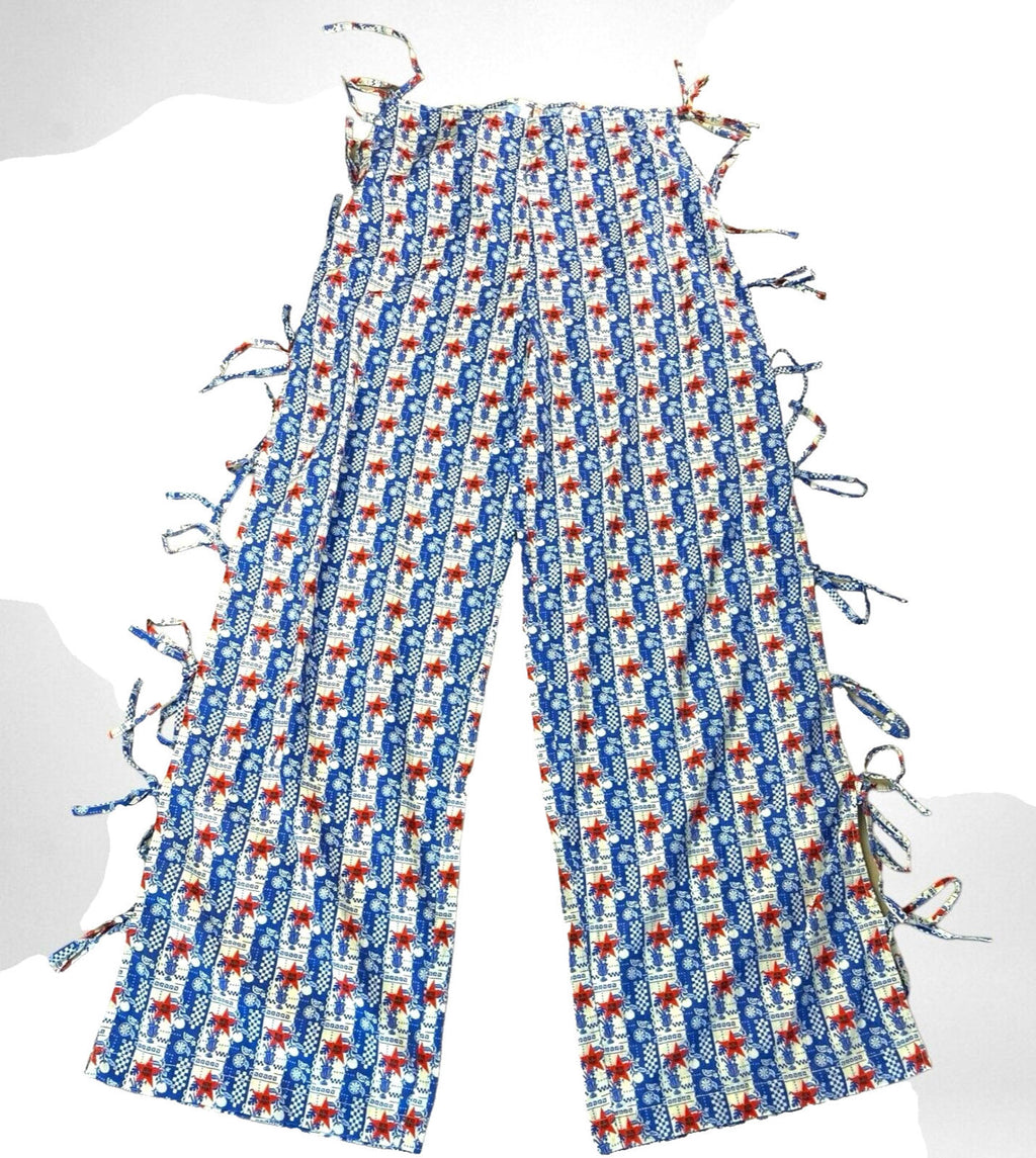 Blue & Red Star Print Straight Leg Trousers Tie Side Detail Women’s UK Size 8
