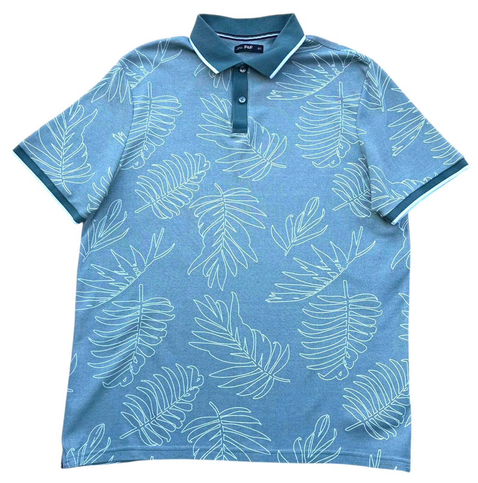 F&F Tropical Leaf Print Polo Shirt Men's UK Size XL Green Short Sleeve Casual