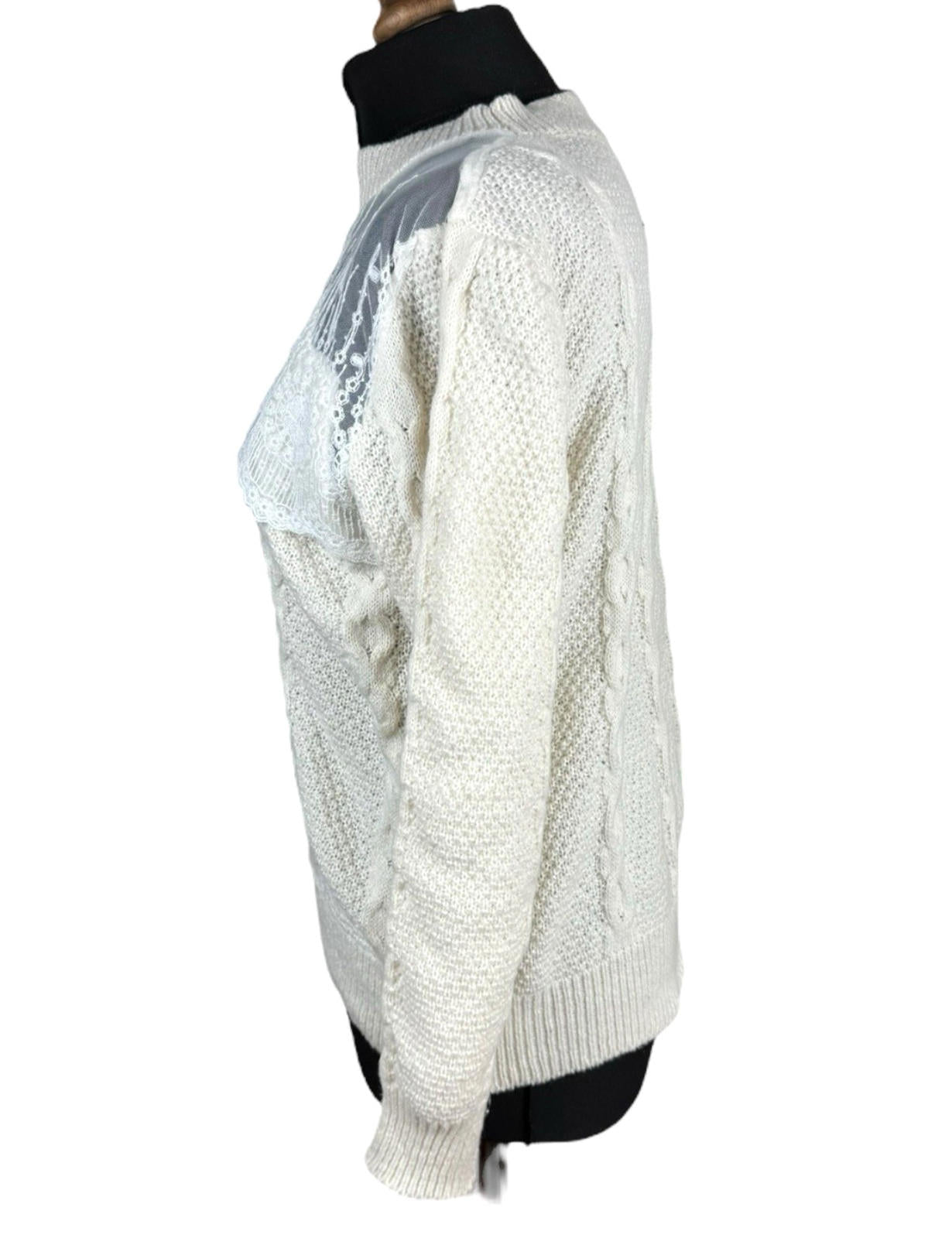 Shein Beige Knit Jumper White Lace Panel Long Sleeve Women’s UK Size L