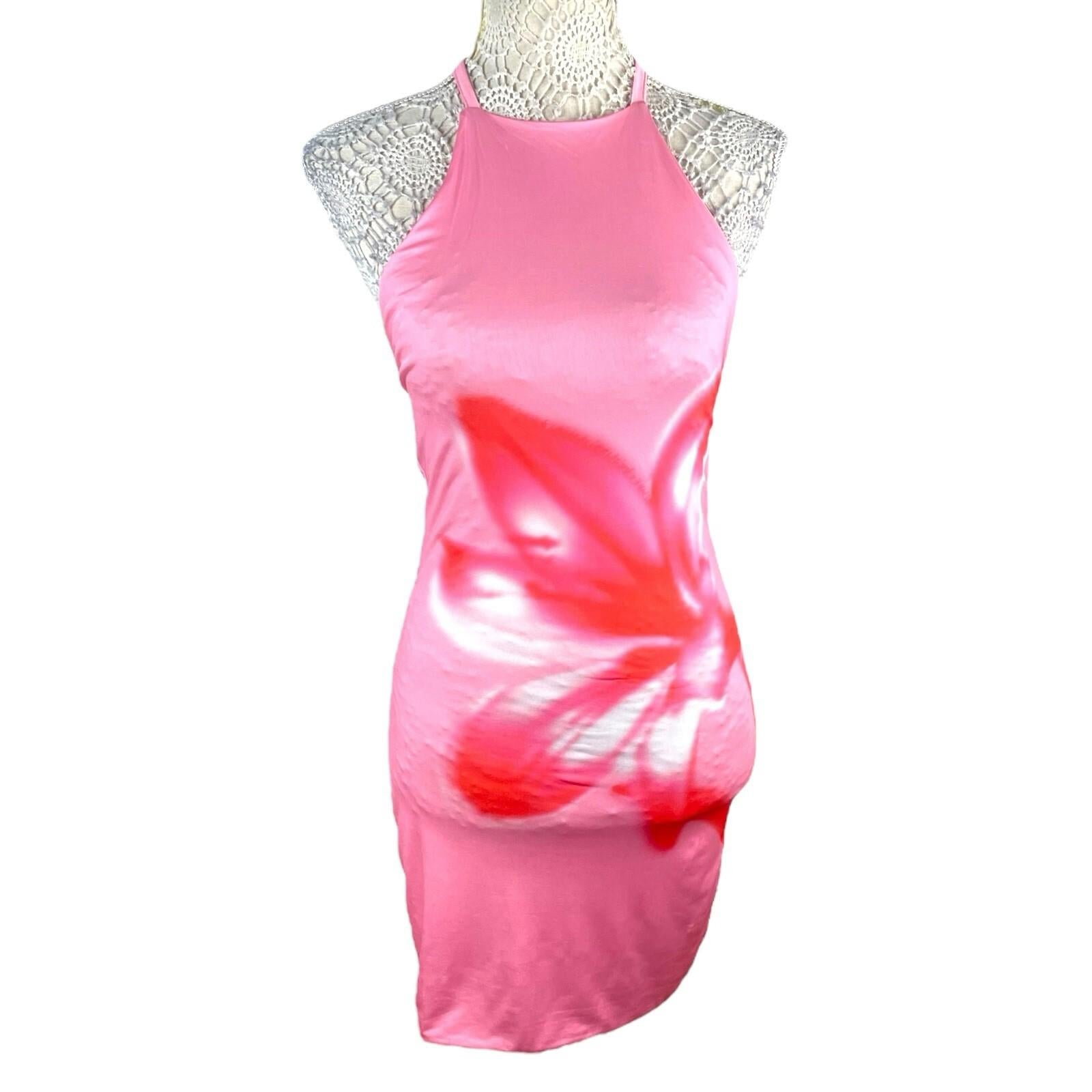 Pink Floral Mini Dress Halter Neck Backless Women’s UK Size 8
