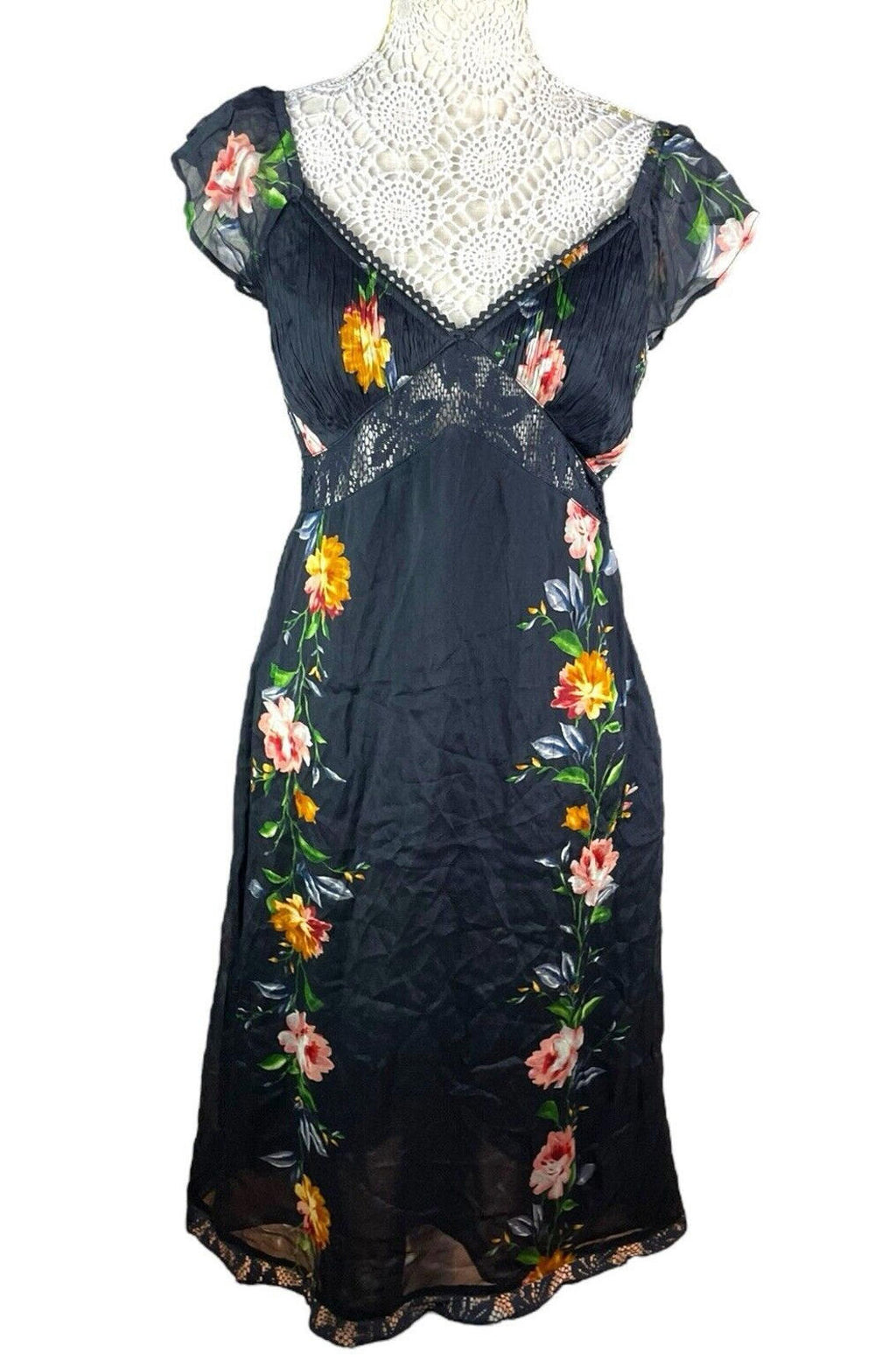 Black Floral Maxi Dress Lace Panels Women’s UK Size 8