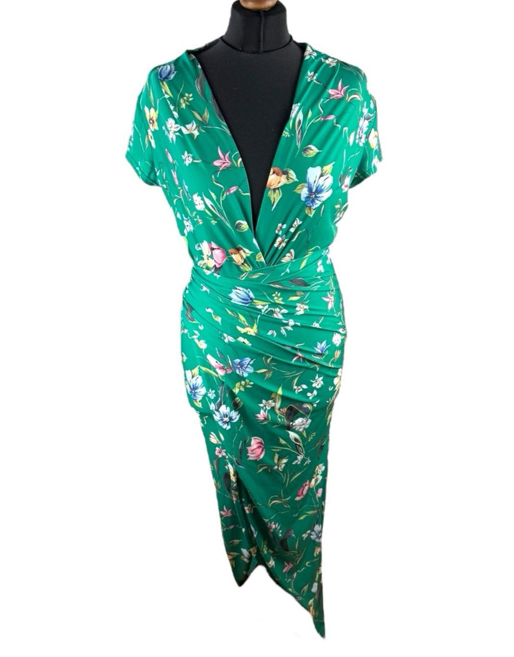 Vestry Green Dress Plunge Neck High Split Bodycon Floral Midi Women’s UK Size 12