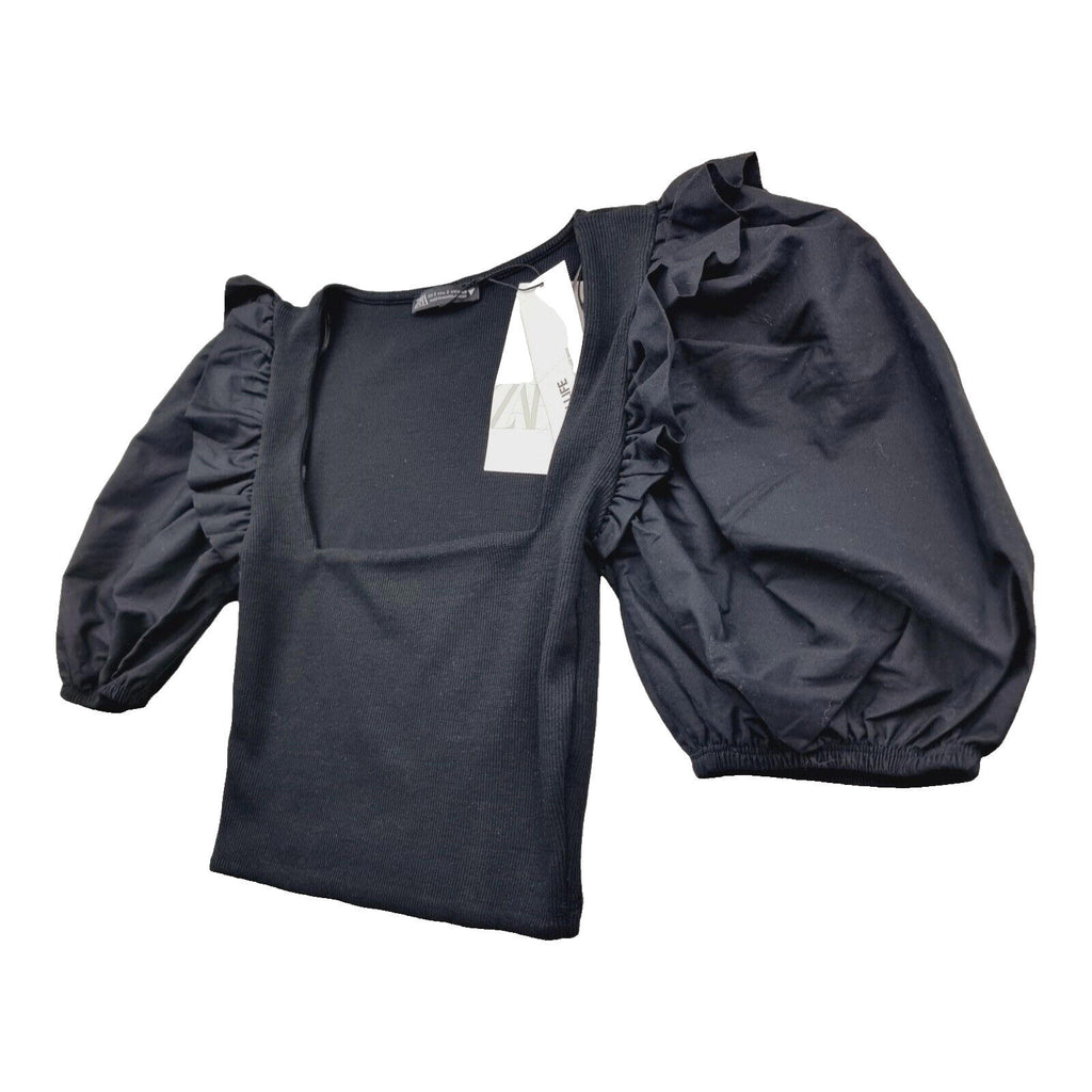 Zara Crop Top Balloon Sleeve Black Ribbed Ruffle Women's UK Size Small S