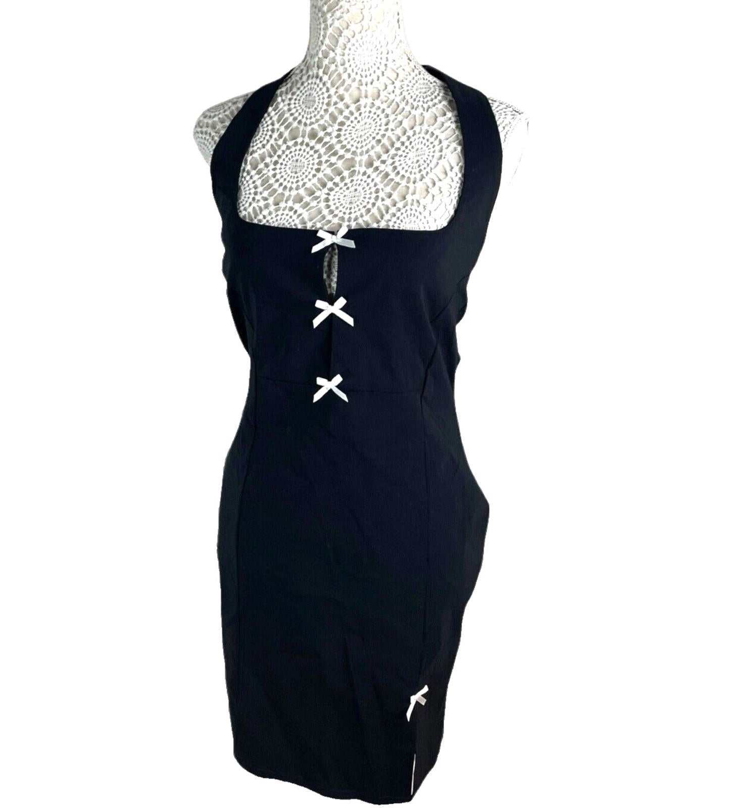 Halterneck Mini Dress Women’s UK Size 12 Black Fitted Bodycon White Bows
