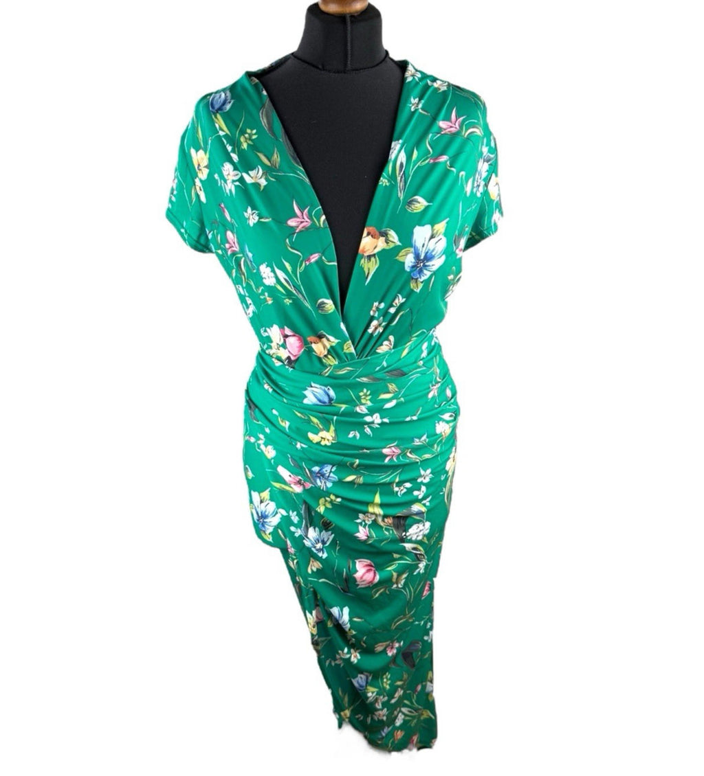 Vestry Green Dress Plunge Neck High Split Bodycon Floral Midi Women’s UK Size 12