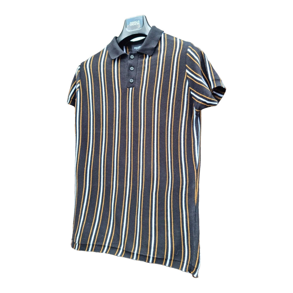 Pull & Bear Polo Shirt Men's UK Size S Black Knit Striped Jersey Tee Summer