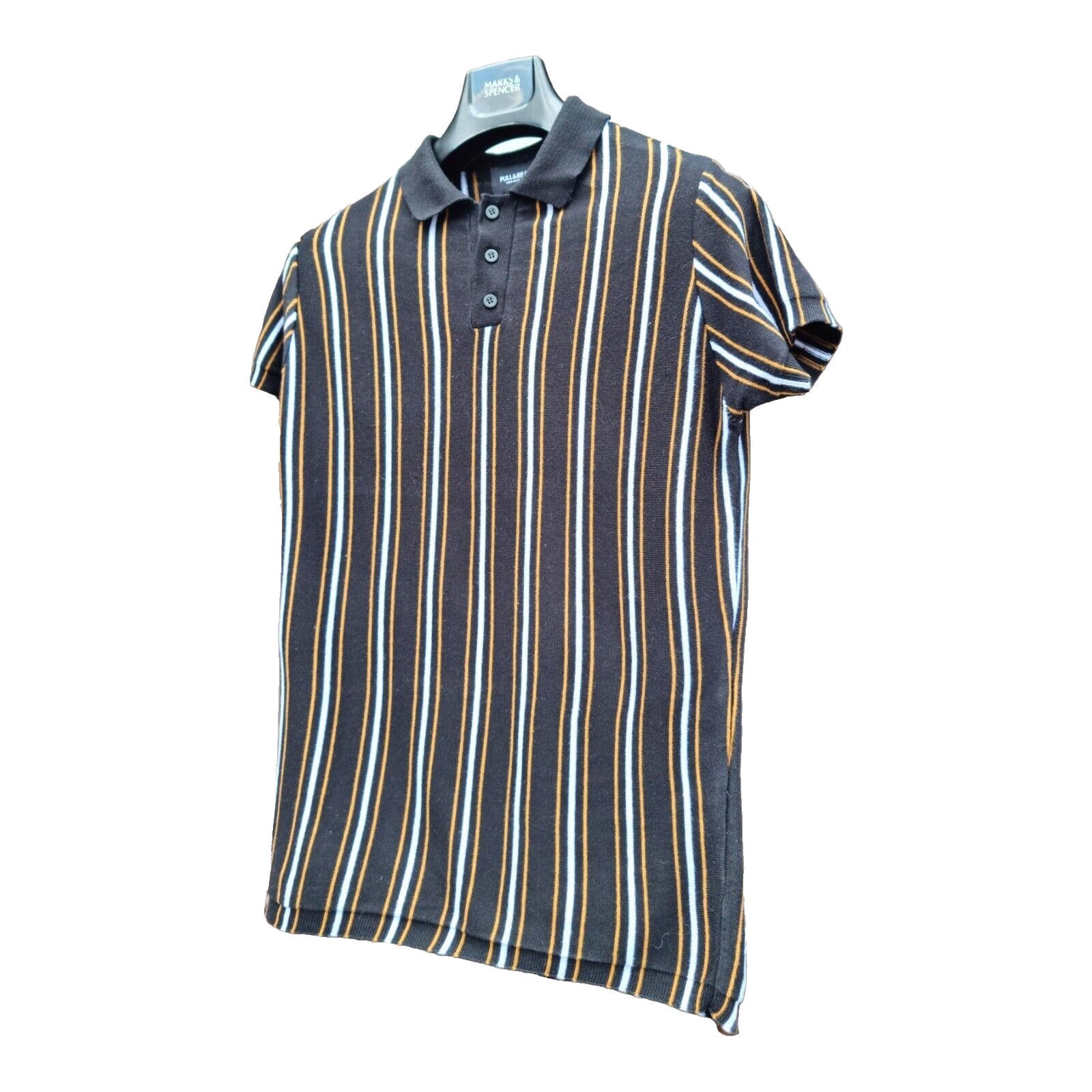 Pull & Bear Polo Shirt Men's UK Size S Black Knit Striped Jersey Tee Summer