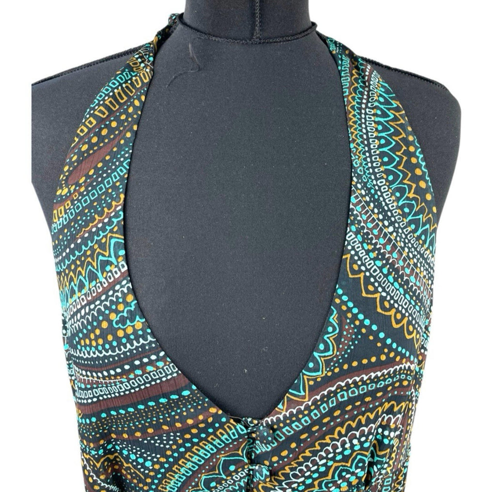 New Look Maxi Dress Halter Backless Women’s UK Size 16 Green & Brown Tribal
