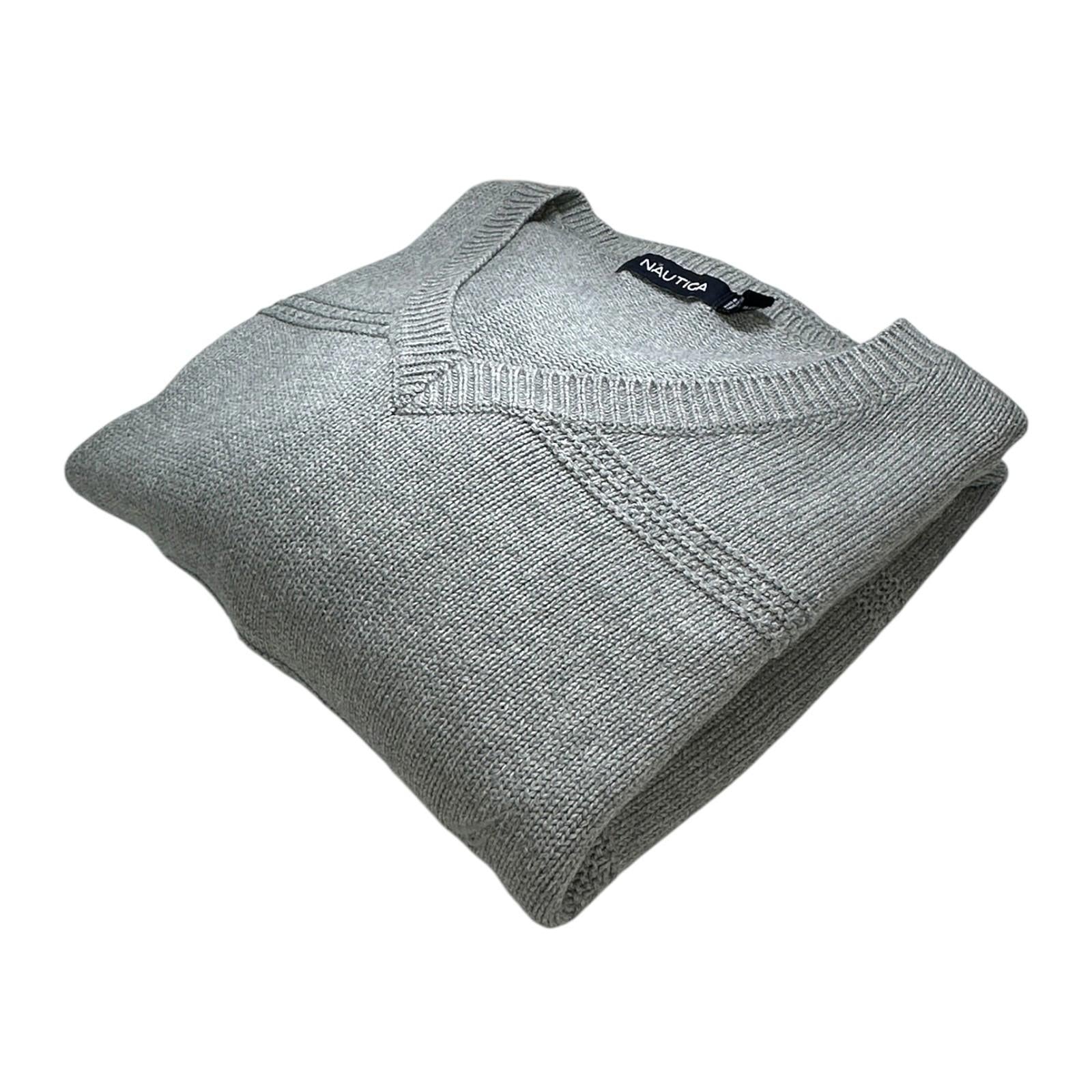 Nautica Knit Jumper Men's UK Size XL Grey Stripe Long Sleeve 100% Cotton Sweater