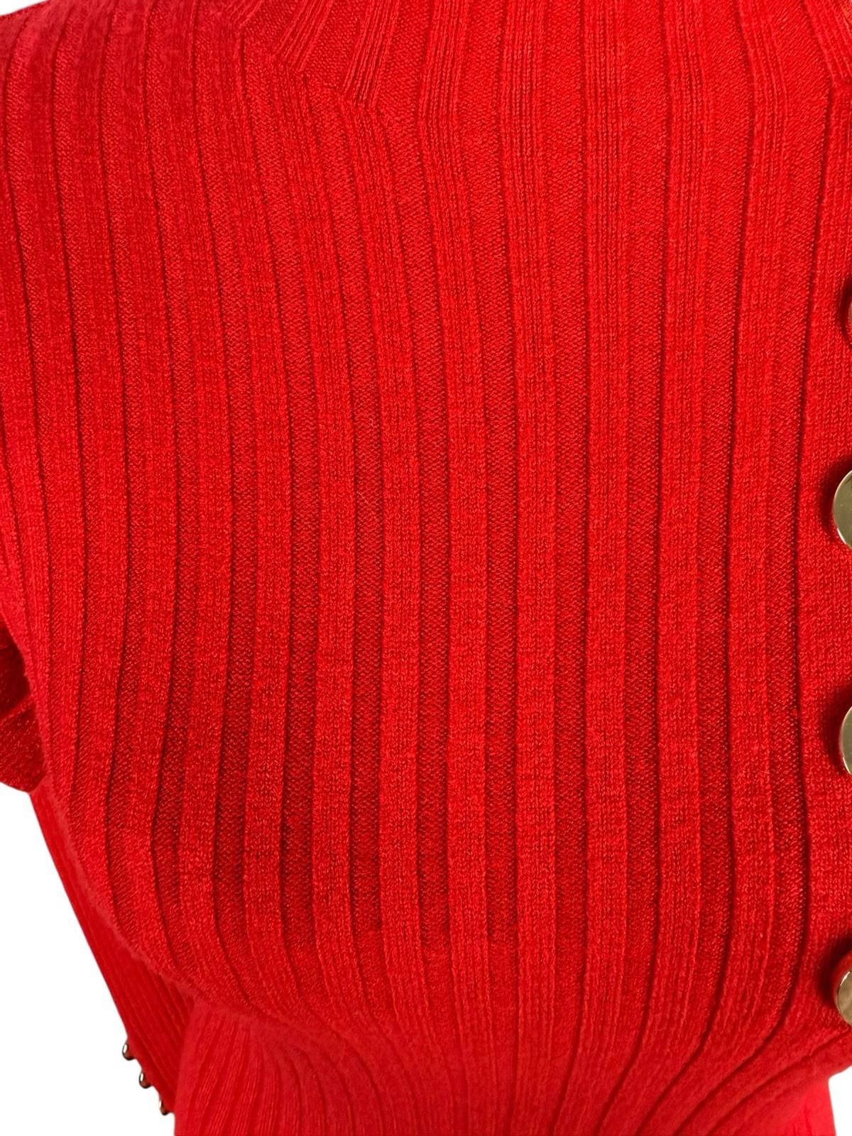 Moocci Red High Neck Knit Jumper Ribbed Gold Button Women’s UK Size M