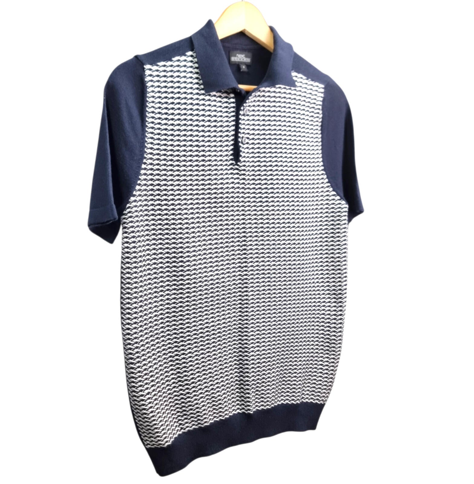 Next Knit Polo Shirt Men's UK Size M Blue Textured Short Sleeve 100% Cotton