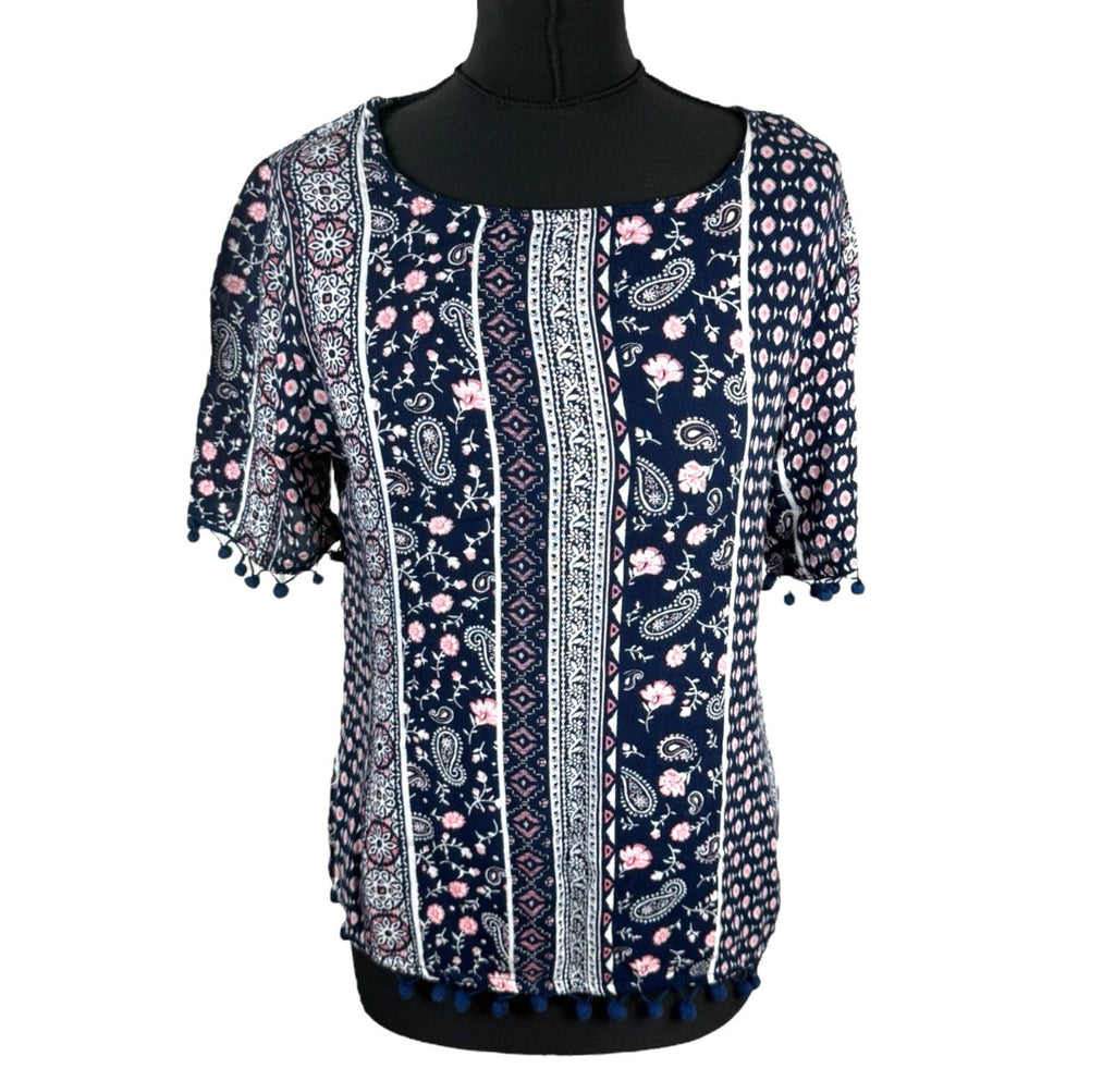 Peacocks Floral Top Navy Pink Crochet Tassled Lightweight Women’s UK Size 10