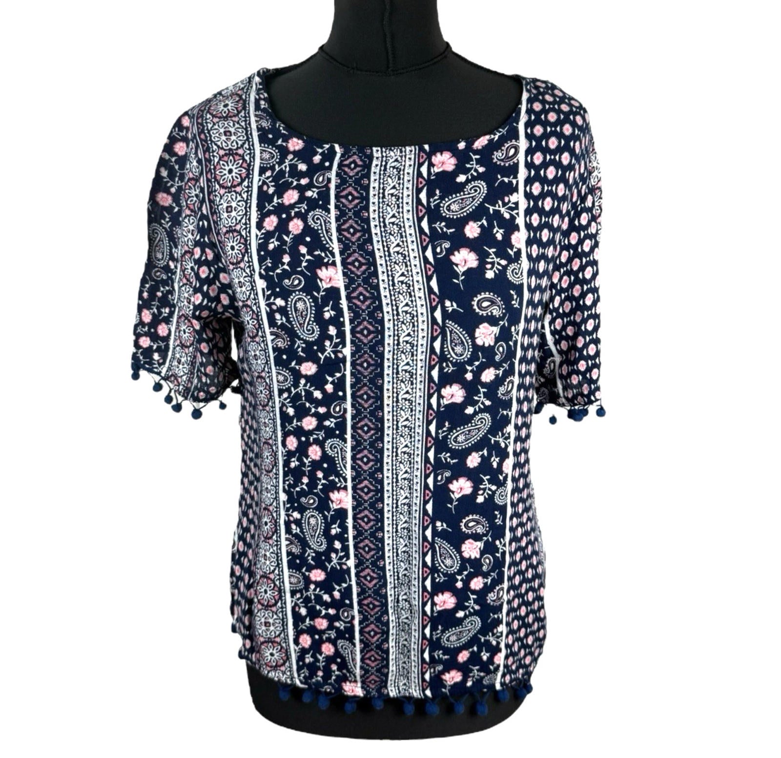 Peacocks Floral Top Navy Pink Crochet Tassled Lightweight Women’s UK Size 10