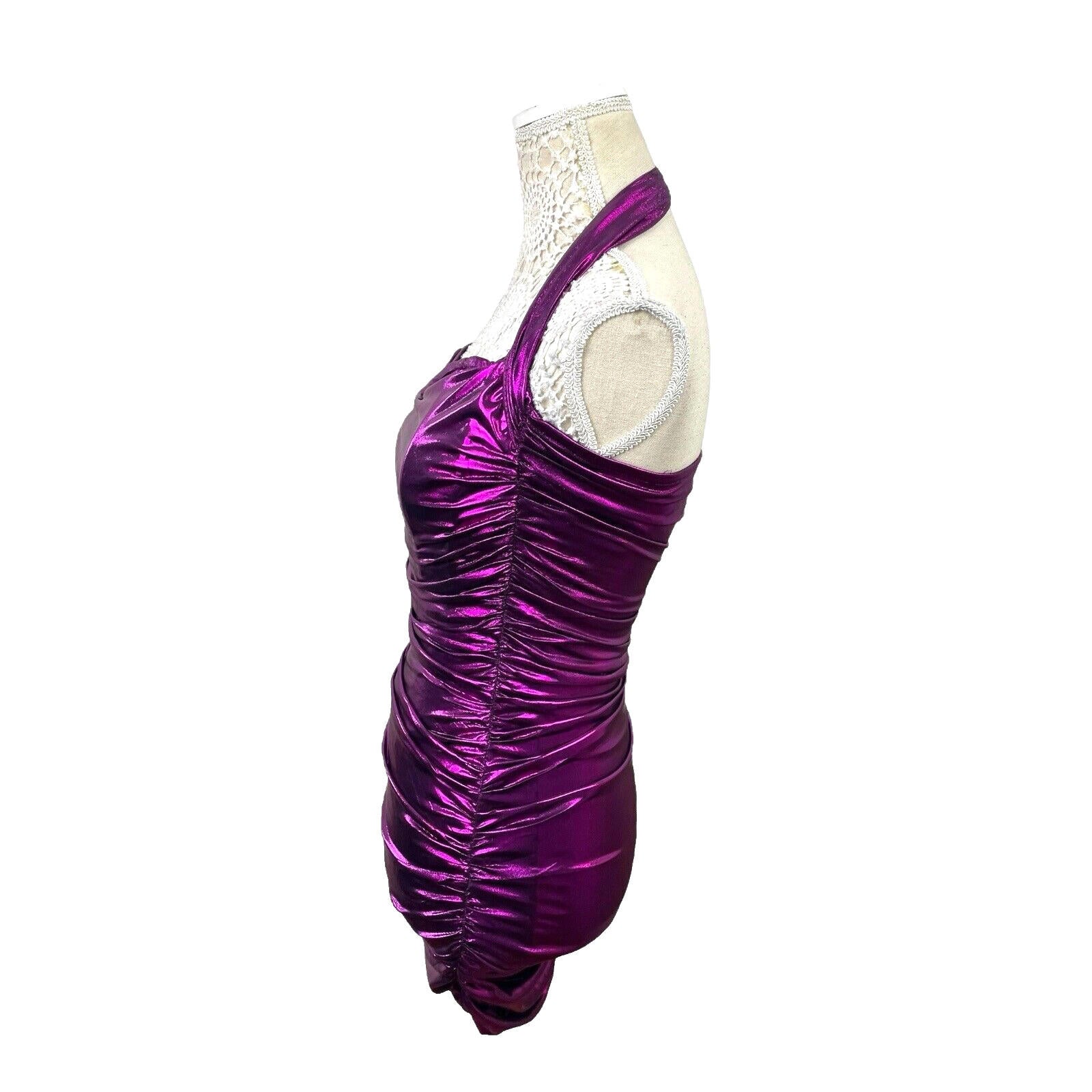 Metallic Bodycon Halter Neck Mini Dress Women’s UK Size XS Purple Party Cocktail