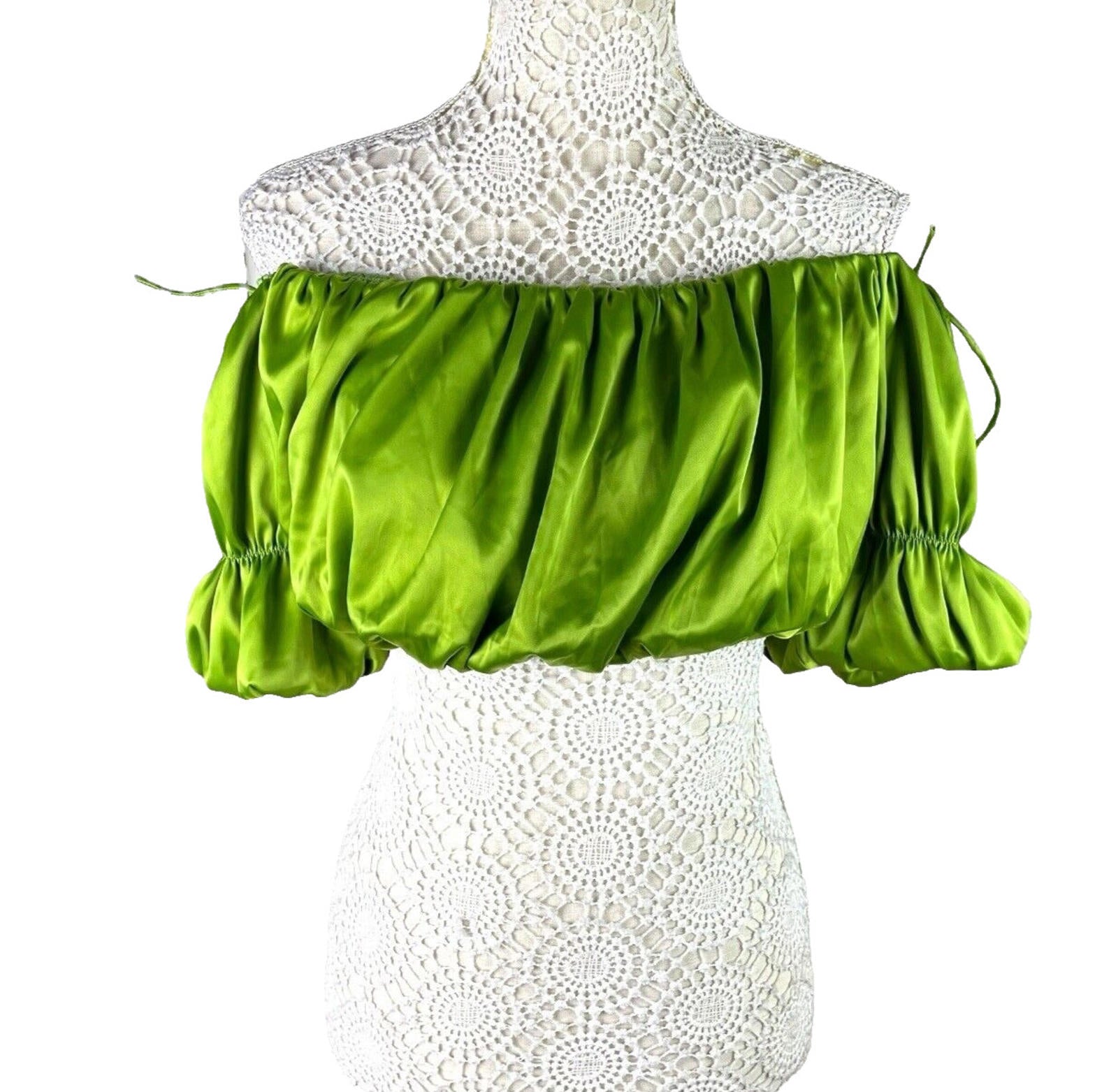 Pretty Little Thing Ruffle Satin Crop Top Green Off Shoulder Women’s UK Size 8