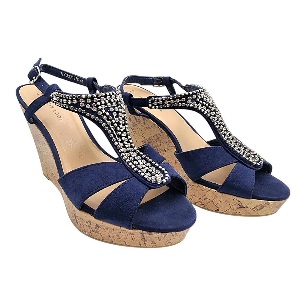 New Look Blue Suedette Wedge Sandals Embelished Straps Women's UK Size 6