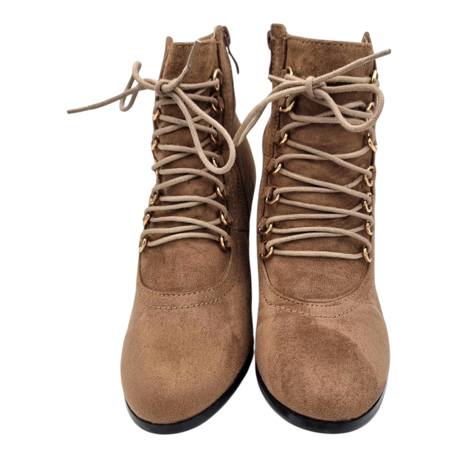 Laura Mode Beige Suede Lace Up Ankle Boots Women's UK Size 6.5 Block Heel Zip
