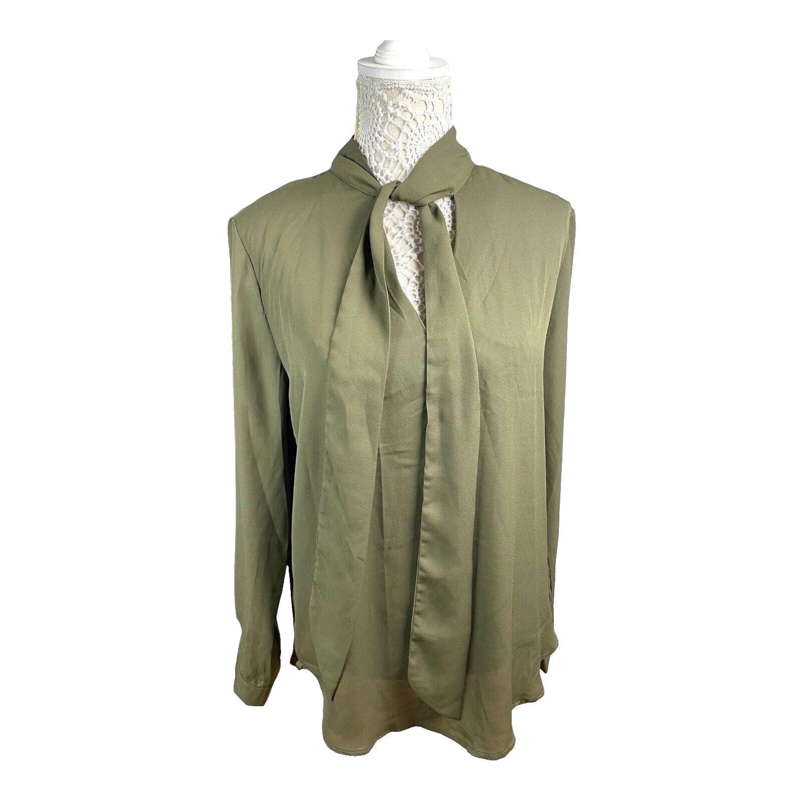 Yidarton Khaki Green Blouse Tie Neck Chiffon Women’s UK Size L (14)