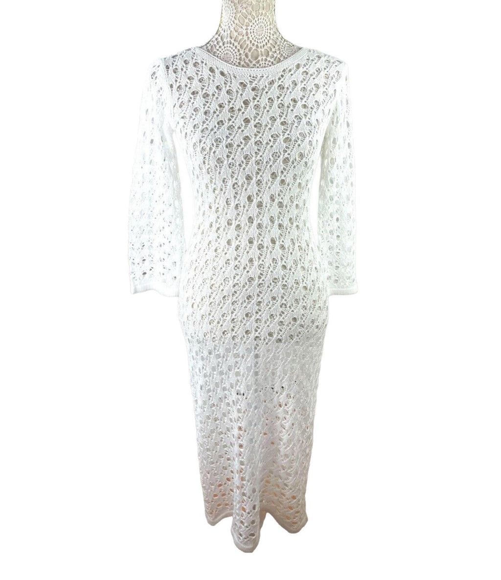 Crochet Knit Maxi Dress Women’s UK Size 8 Backless White Long Sleeve Bodycon