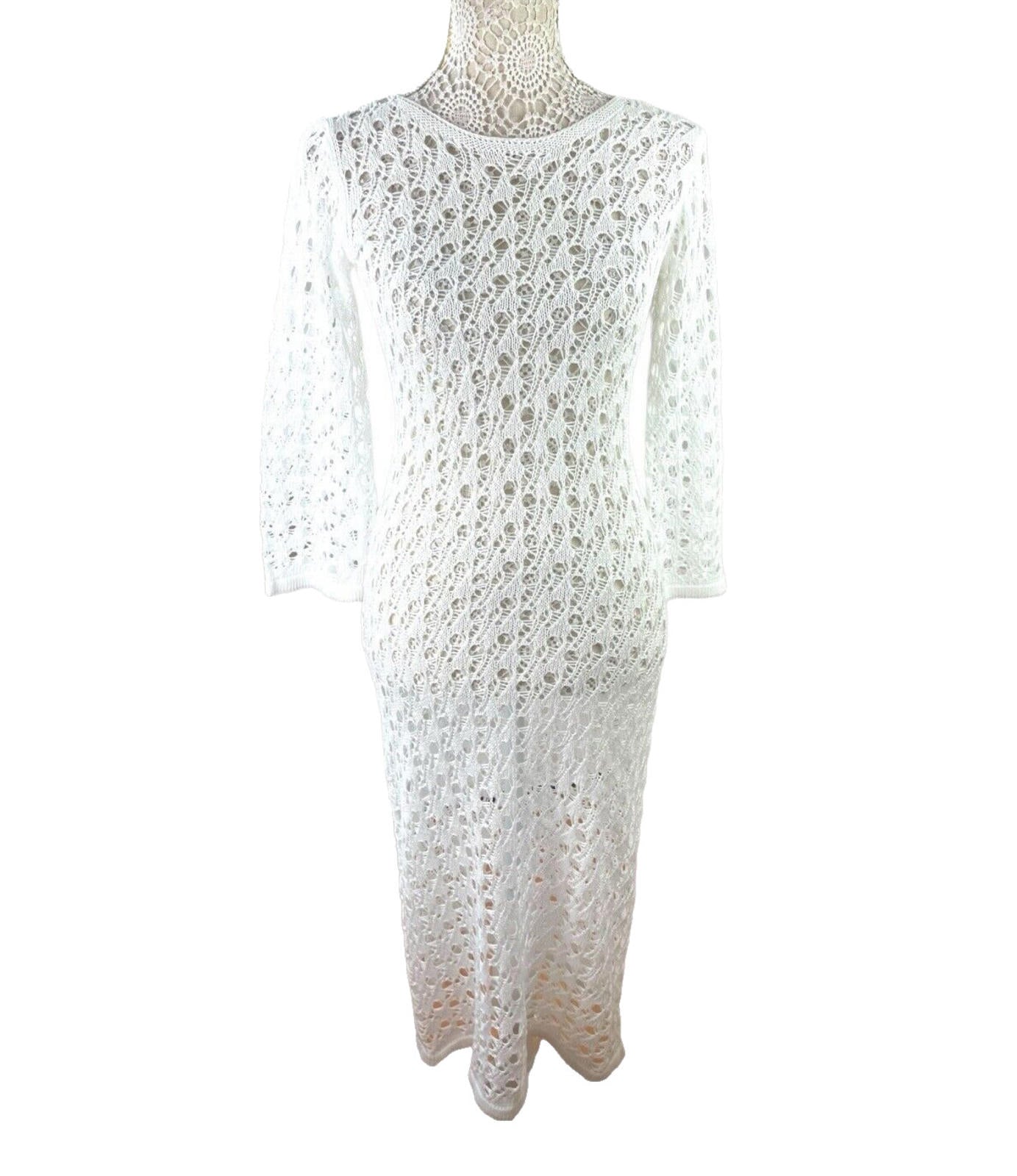 Crochet Knit Maxi Dress Women’s UK Size 8 Backless White Long Sleeve Bodycon
