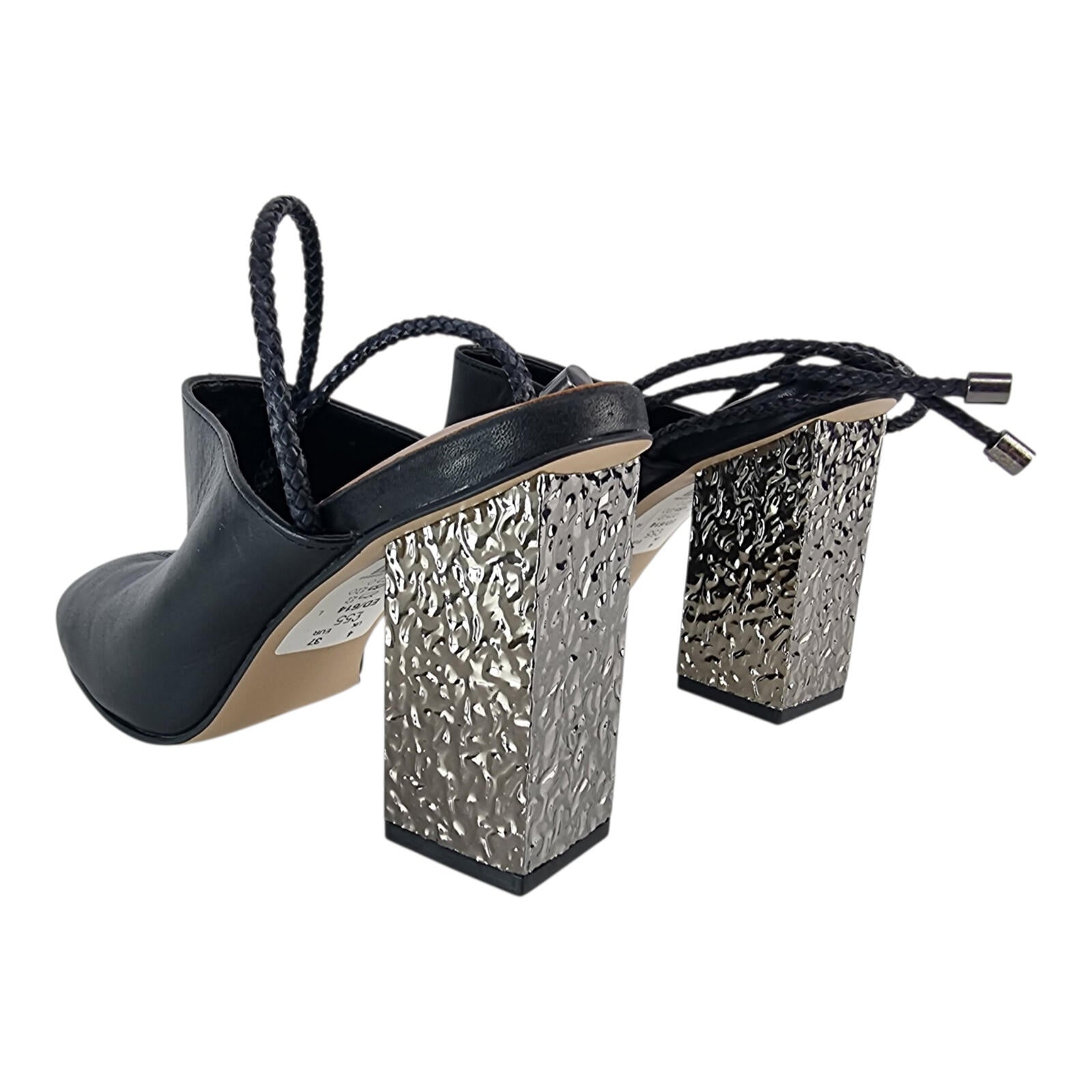 Next Signature Black Block Heels Women's UK Size 4 Ankle Straps Hammered Silver