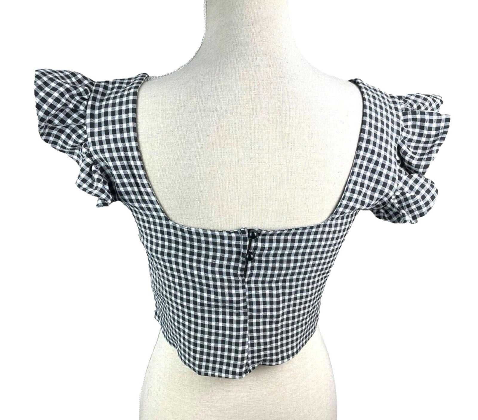Gingham Ruffle Sleeve Square Neck Blouse Women’s UK Size 8 Cropped Black & White
