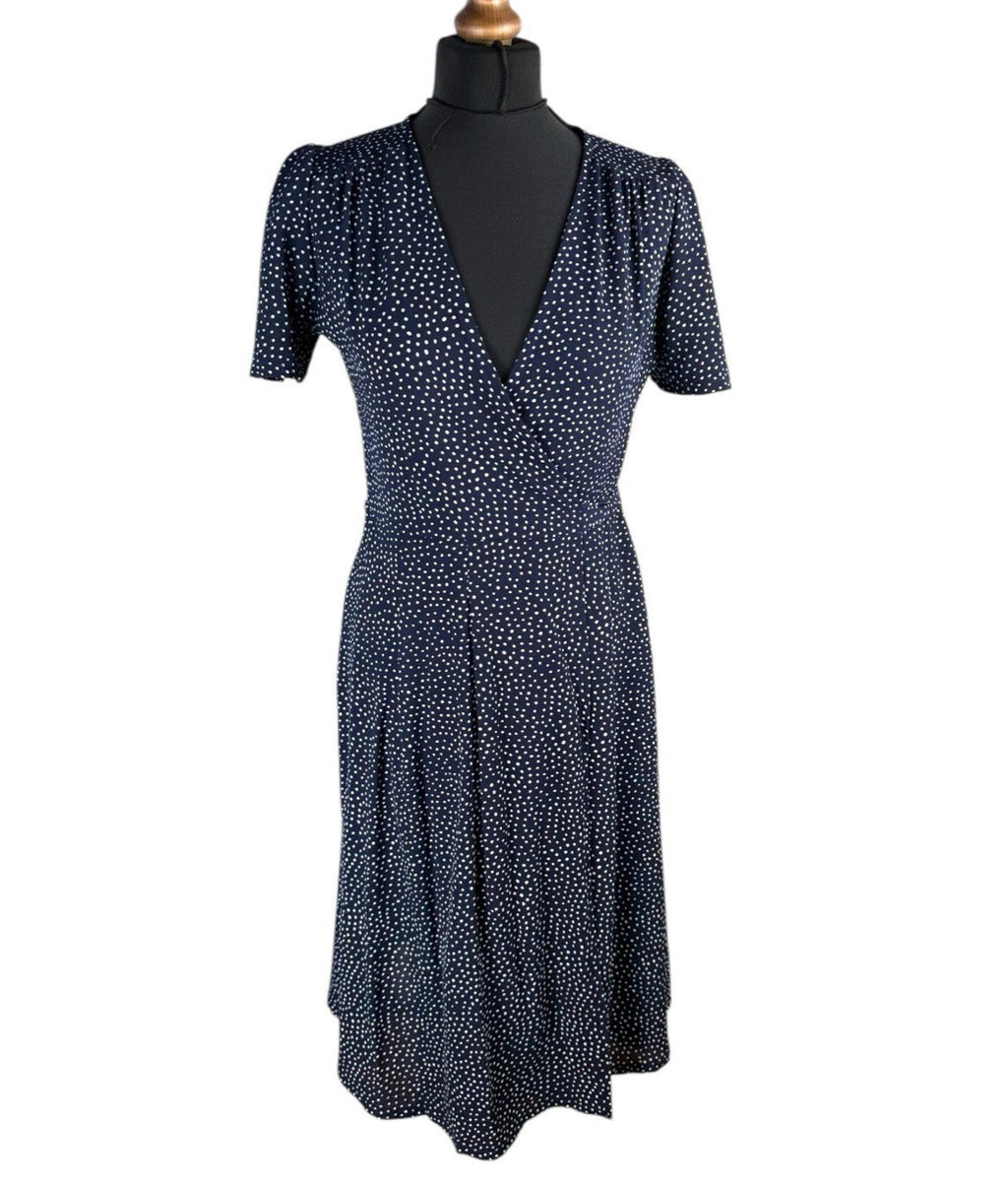 OST London Polka Dot Wrap Dress Women’s UK Size XS Navy Blue Belted Midi