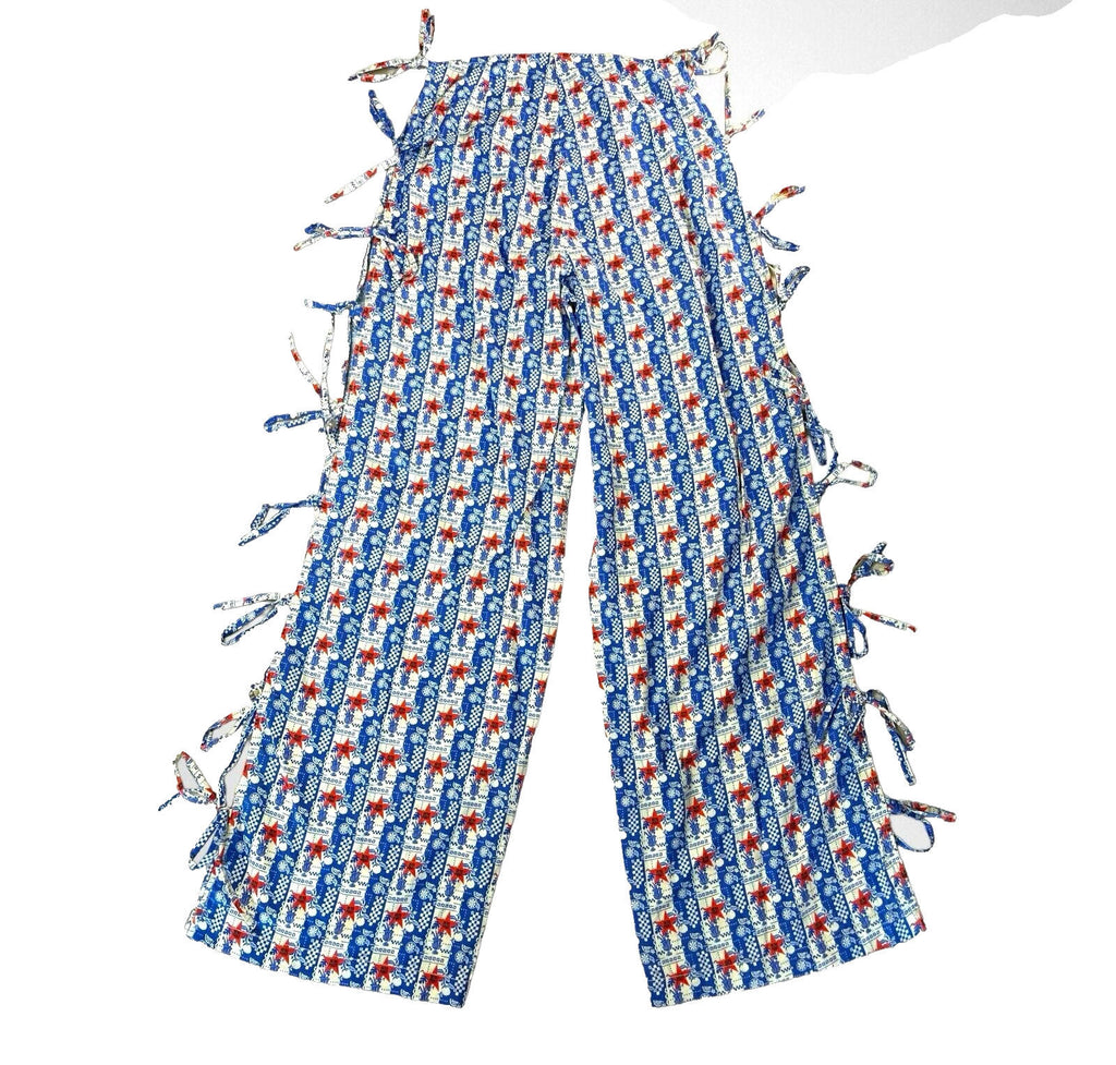 Blue & Red Star Print Straight Leg Trousers Tie Side Detail Women’s UK Size 8