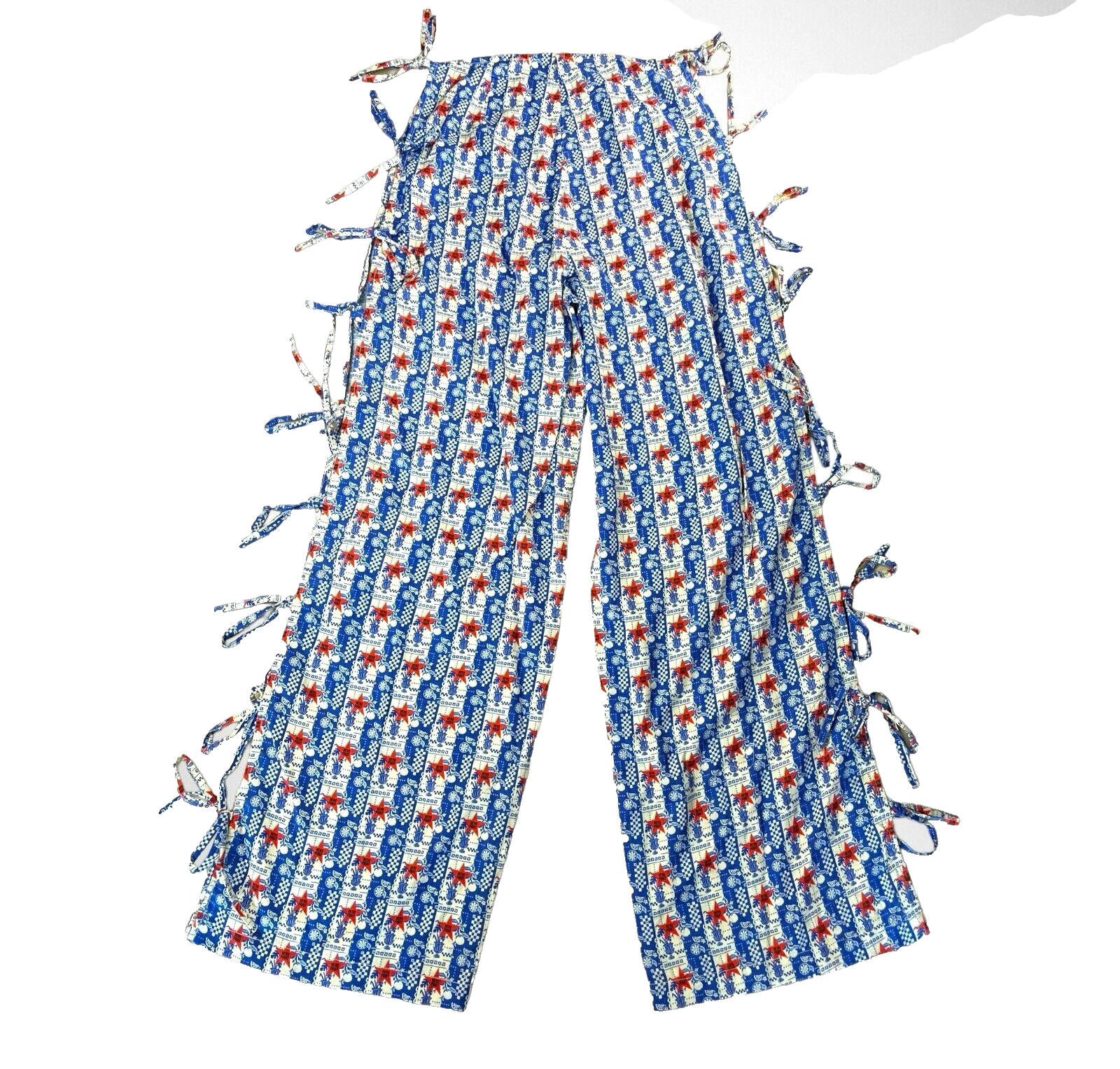 Blue & Red Star Print Straight Leg Trousers Tie Side Detail Women’s UK Size 8