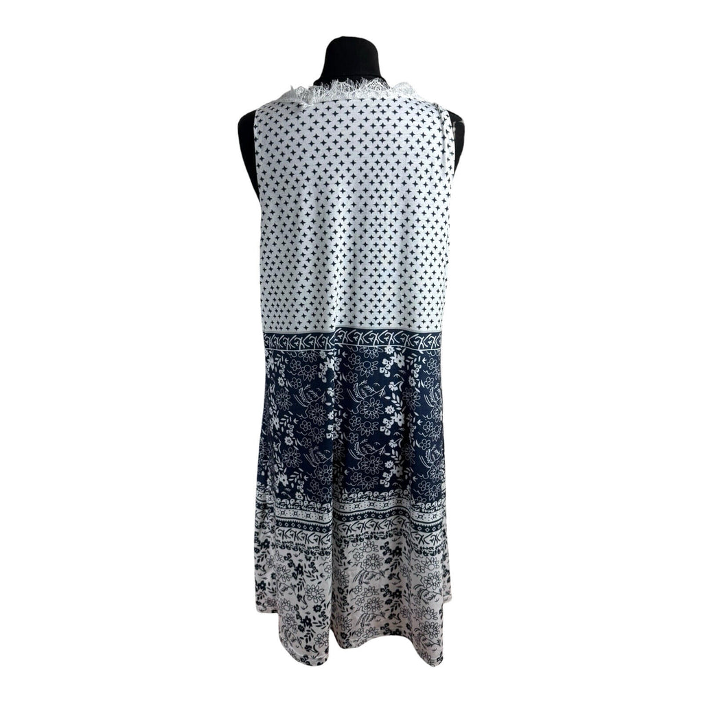 Lightweight Tank Dress Women’s UK Size 2XL Lave Neck White Navy Pattern