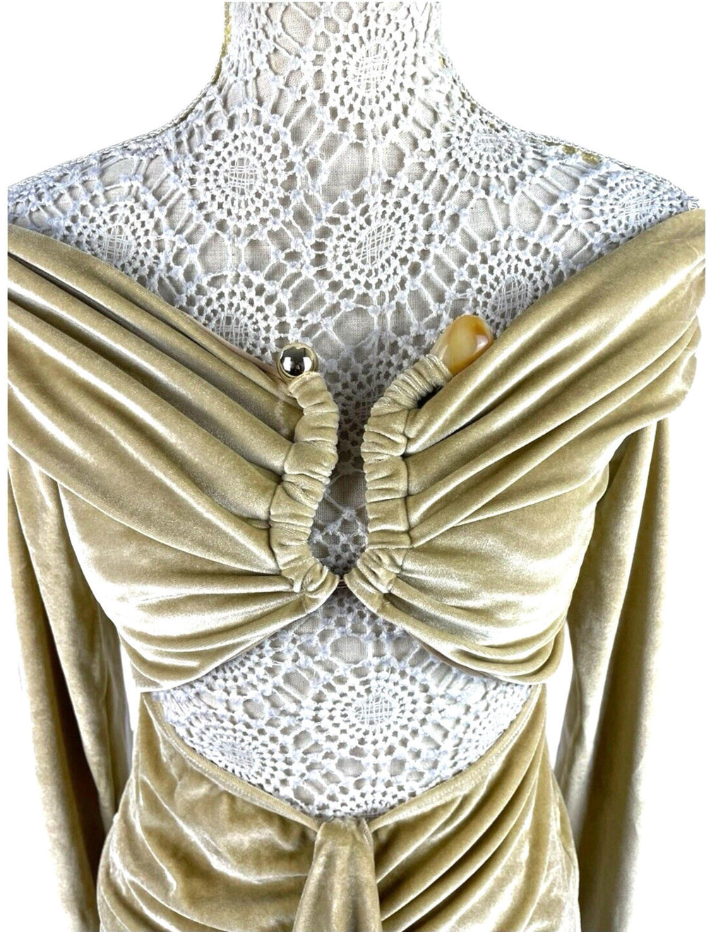 Gold Velour Cut Out Mini Dress Off Shoulder Ruffle Women’s UK Size 8