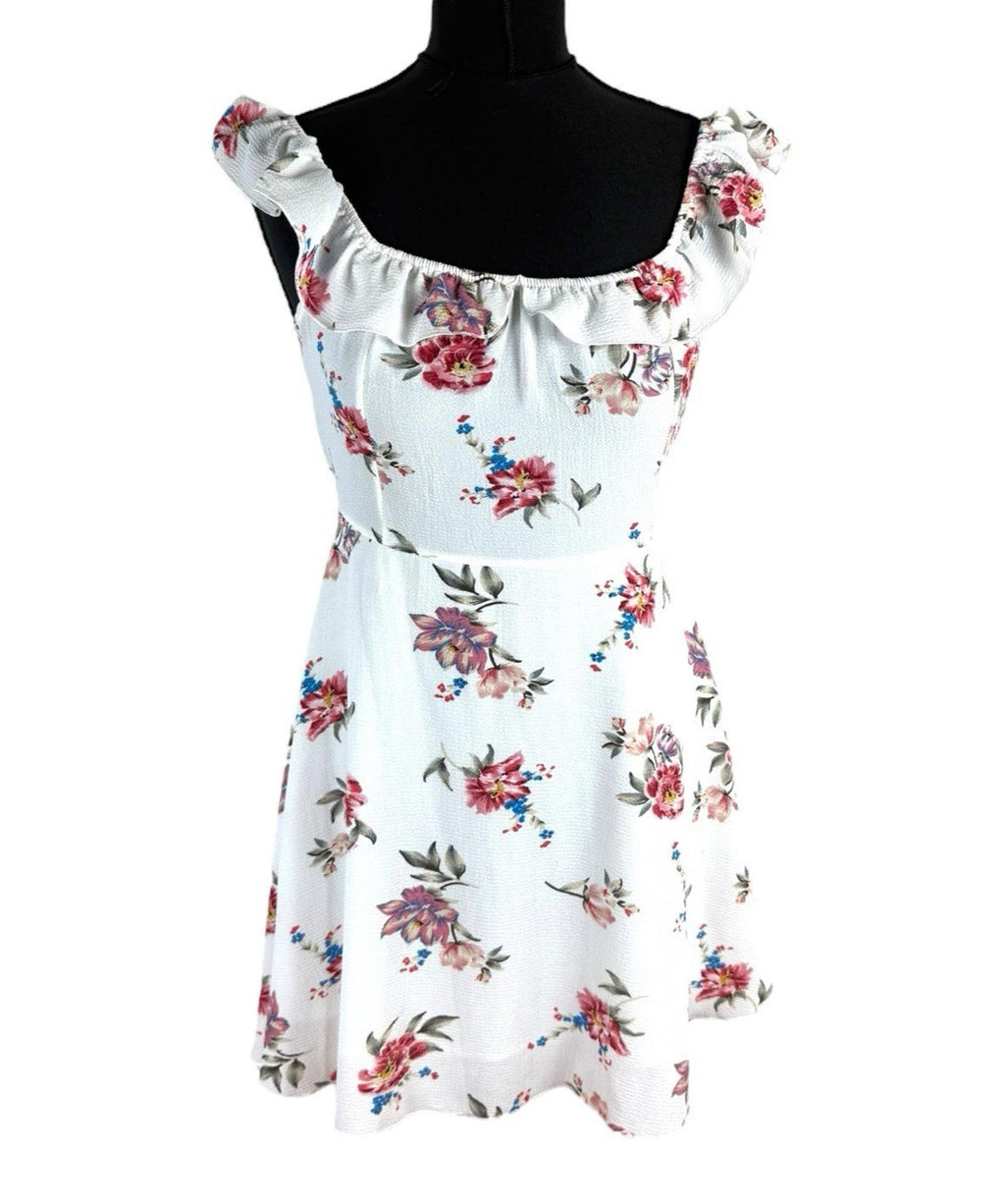 Floral Mini Dress Women’s UK Size L White Ruffle Square Neck Tie-Strap Open Back
