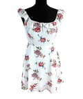 Floral Mini Dress Women’s UK Size L White Ruffle Square Neck Tie-Strap Open Back