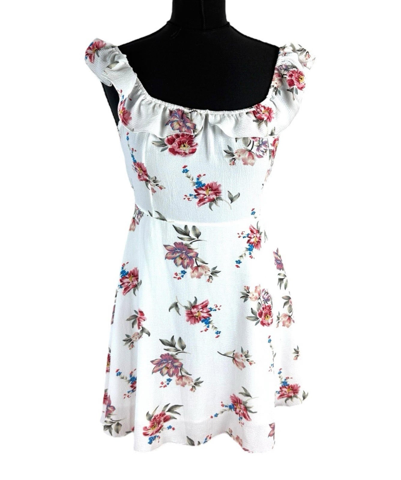 Floral Mini Dress Women’s UK Size L White Ruffle Square Neck Tie-Strap Open Back