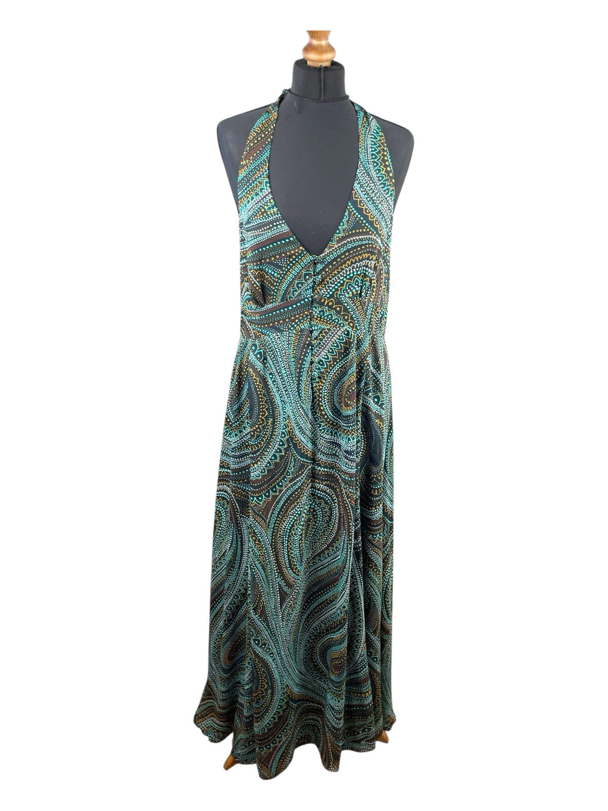 New Look Maxi Dress Halter Backless Women’s UK Size 16 Green & Brown Tribal