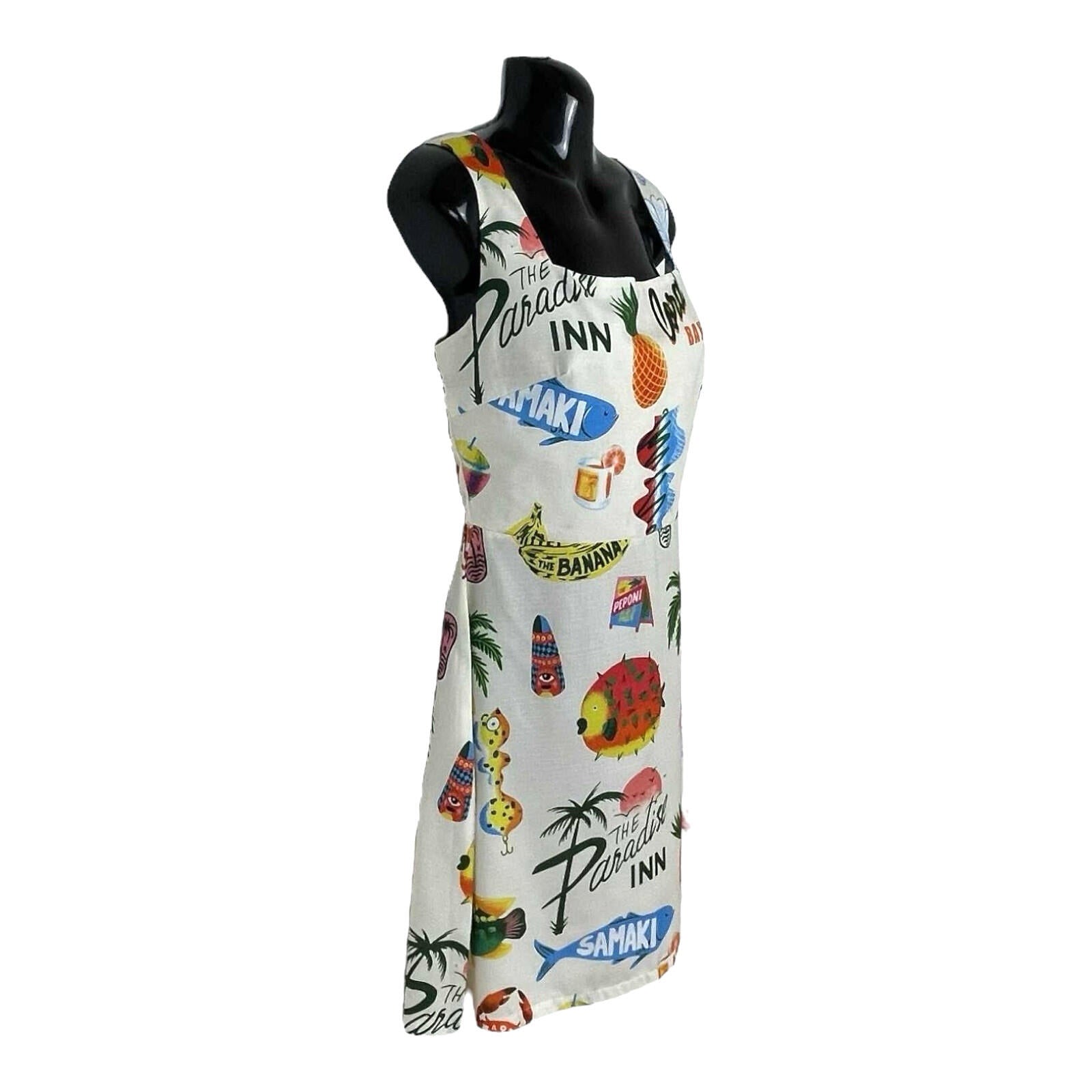 Comense Retro Summer Dress Women’s UK Size M Lace Up Back Mini Multicolour Print