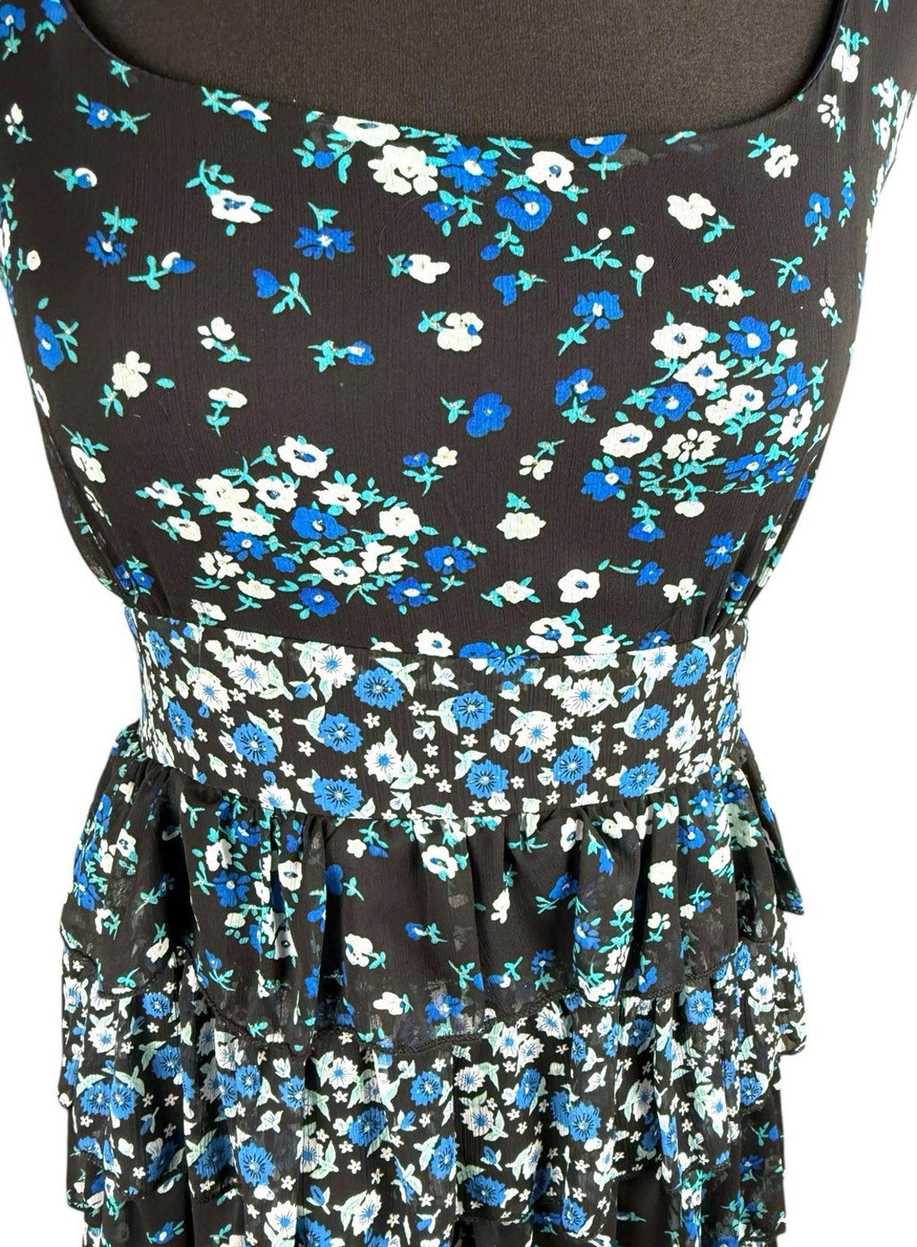 Austin Black Floral Mini Dress Ruffle Layers Tie Back Women’s UK Size 18