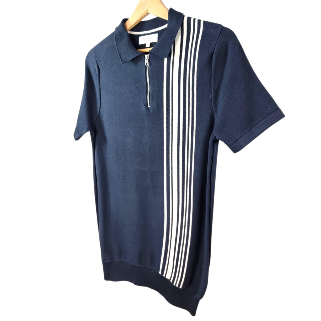 Next Knit Polo Shirt Men's UK Size S Navy Blue Stripe Short Sleeve 1/4 Zip