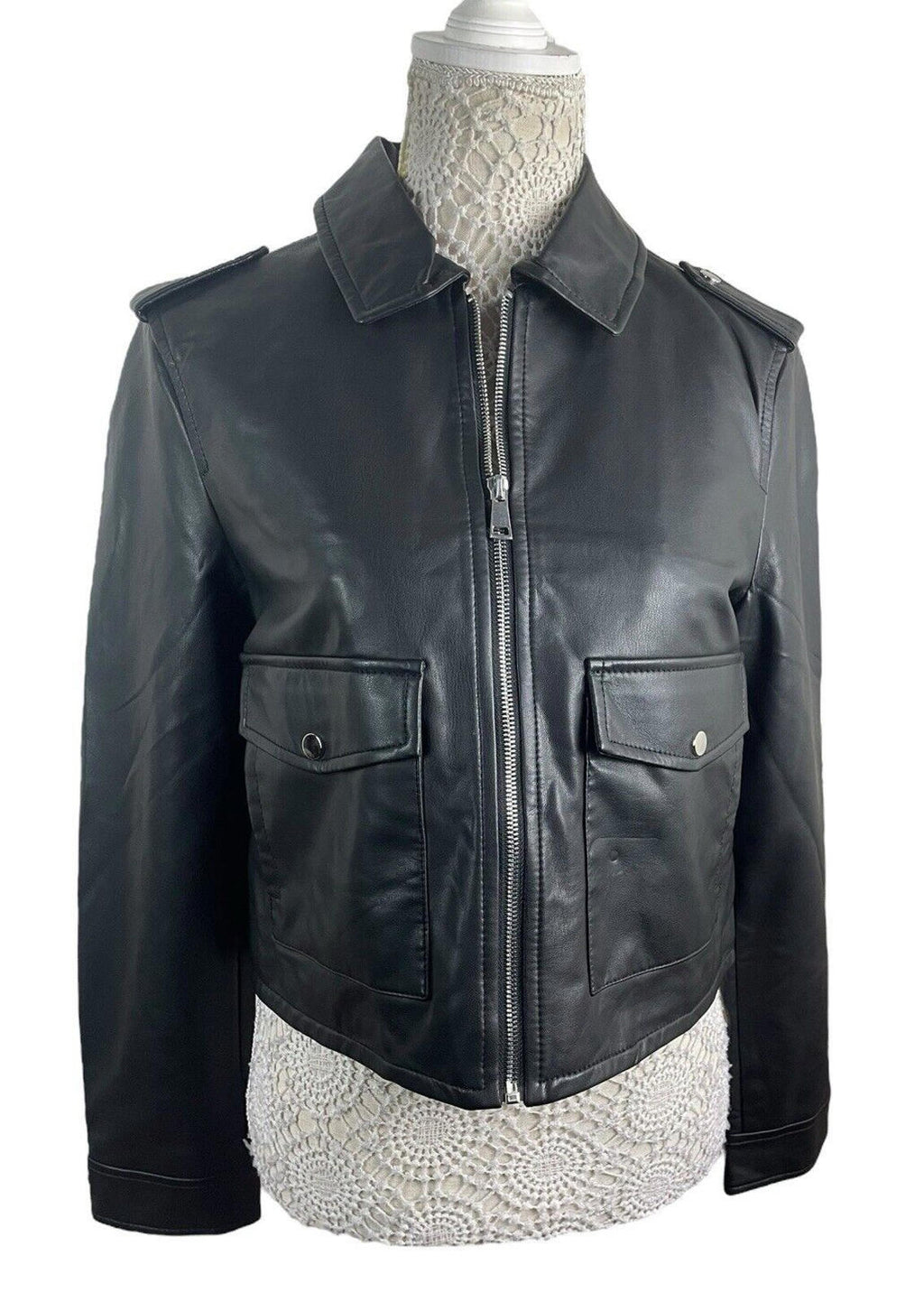 Stradivarius Black Faux Leather Jacket Mid Length Women’s UK Size S