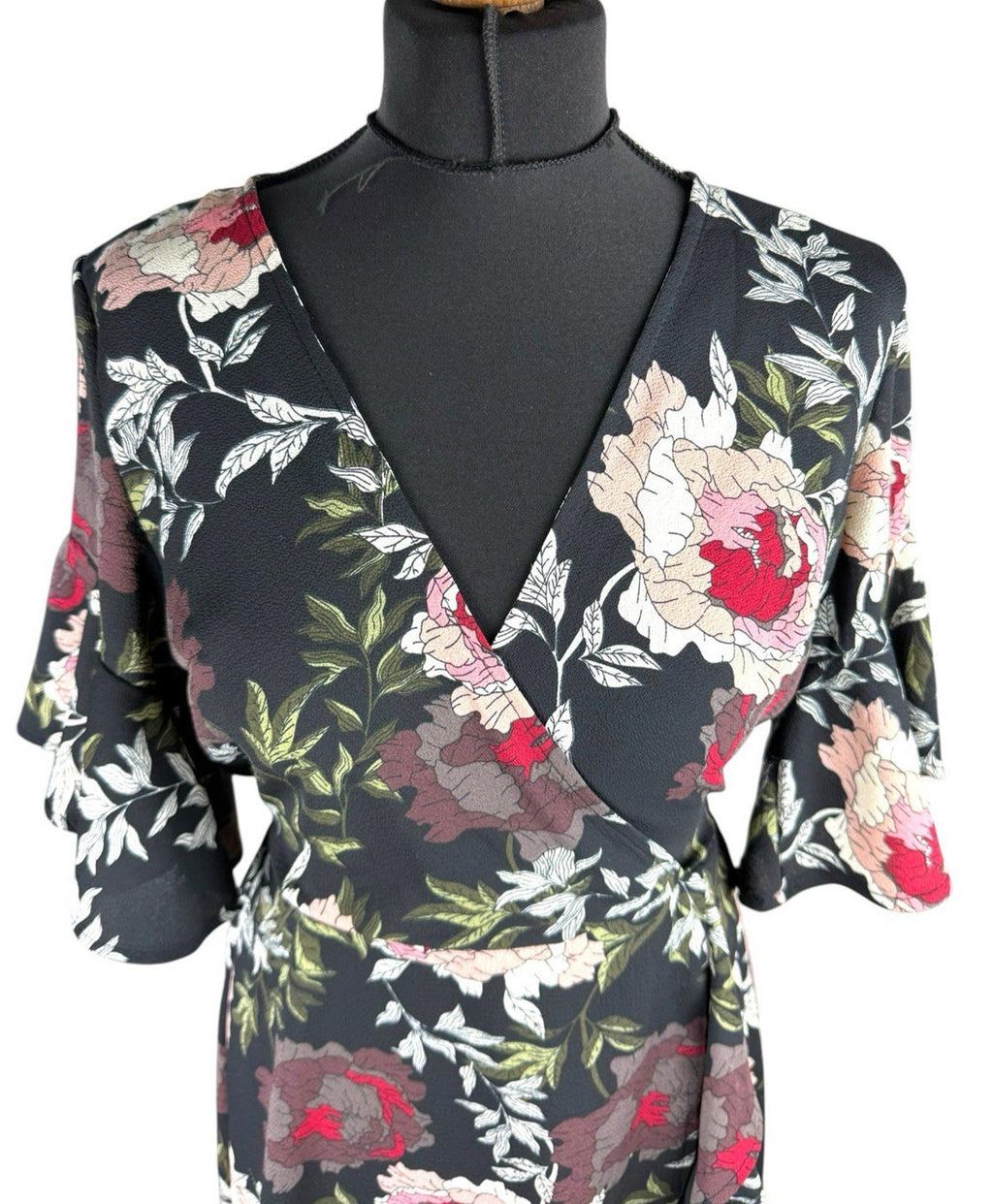 AX Paris Dress Black Floral Wrap Front Frill Knee Length Women’s UK Size 10