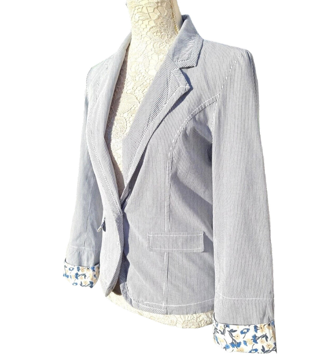 Blue Stripe Blazer Jacket Cotton White Pinstripes Size 10