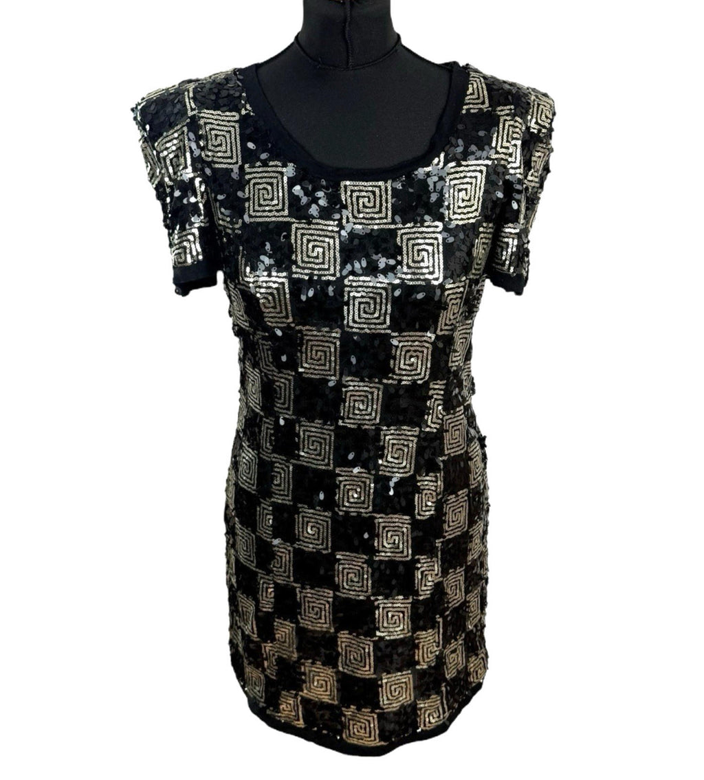 Made By Miso Sequin Mini Dress Black Gold Check Sparkle Women’s UK Size 14