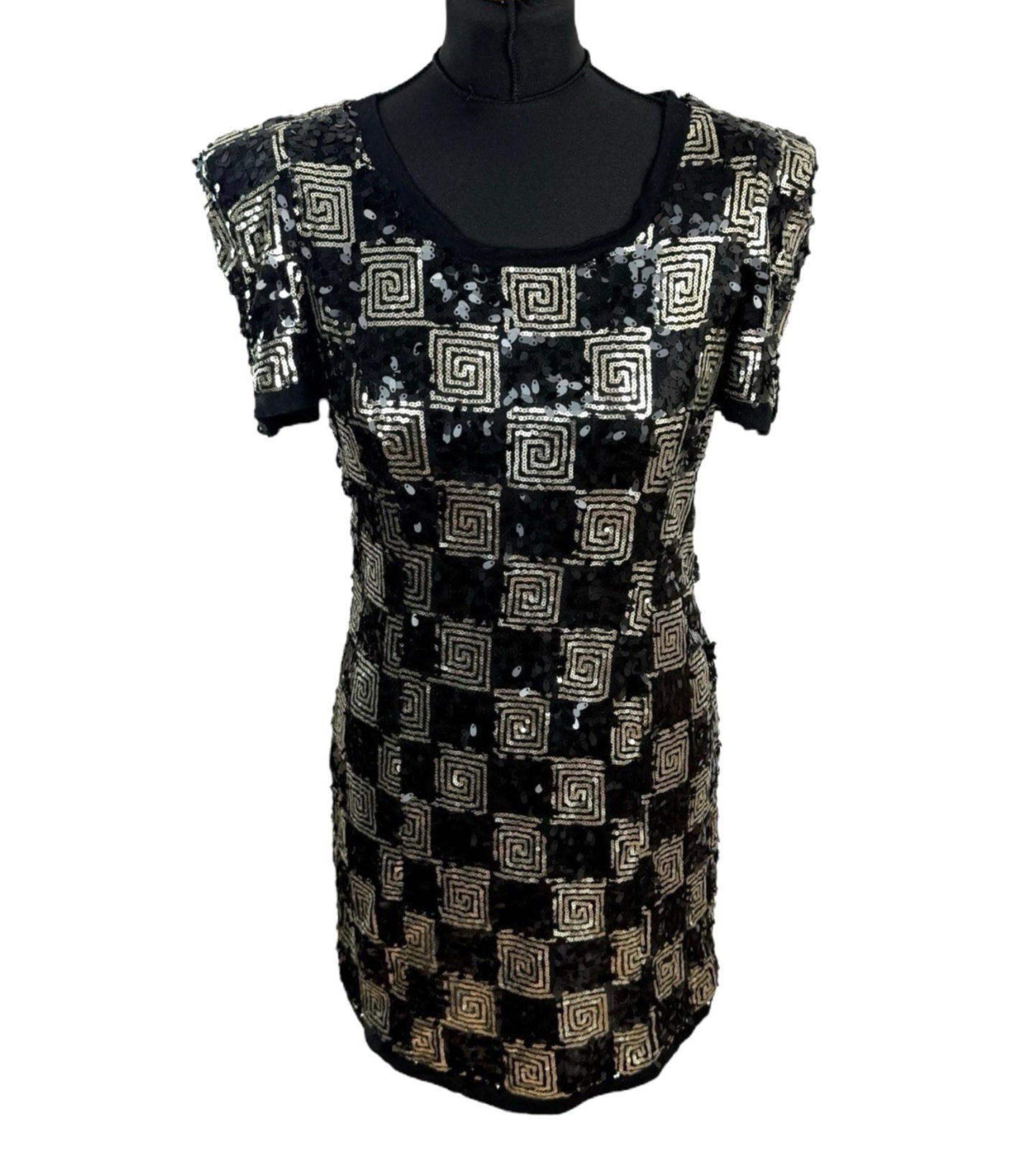 Made By Miso Sequin Mini Dress Black Gold Check Sparkle Women’s UK Size 14